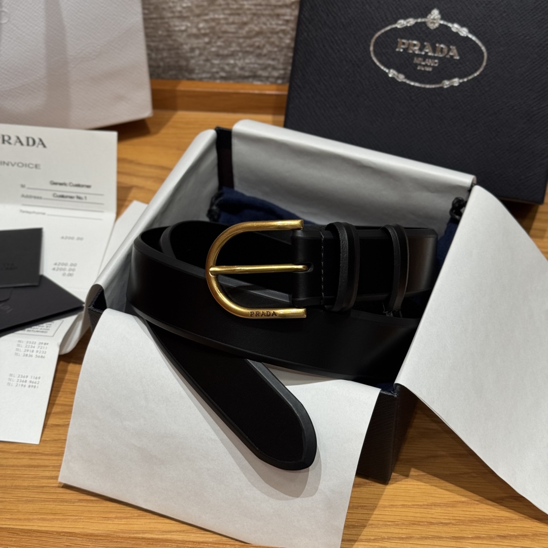 Prada Leather Belt with Metal Buckle, Classic Design, 3.3cm Width 1 cmp i1757574223818 3736 0 0