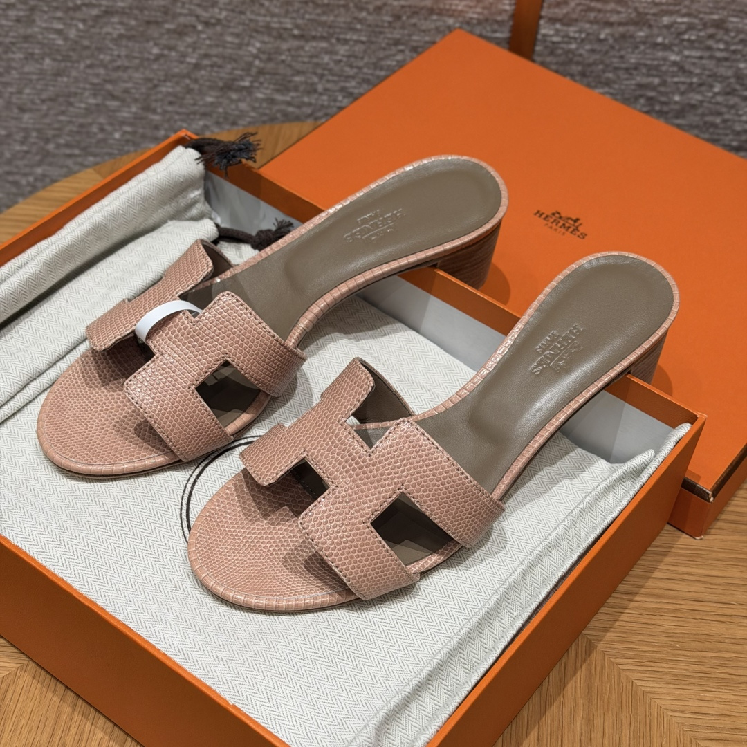 HERMES 🦎 Oasis Epsom Slippers  Eénband Slippers Dames Lente/Herfst Stijlvol Klassiek Hagedissenleer Zeldzaam Leer