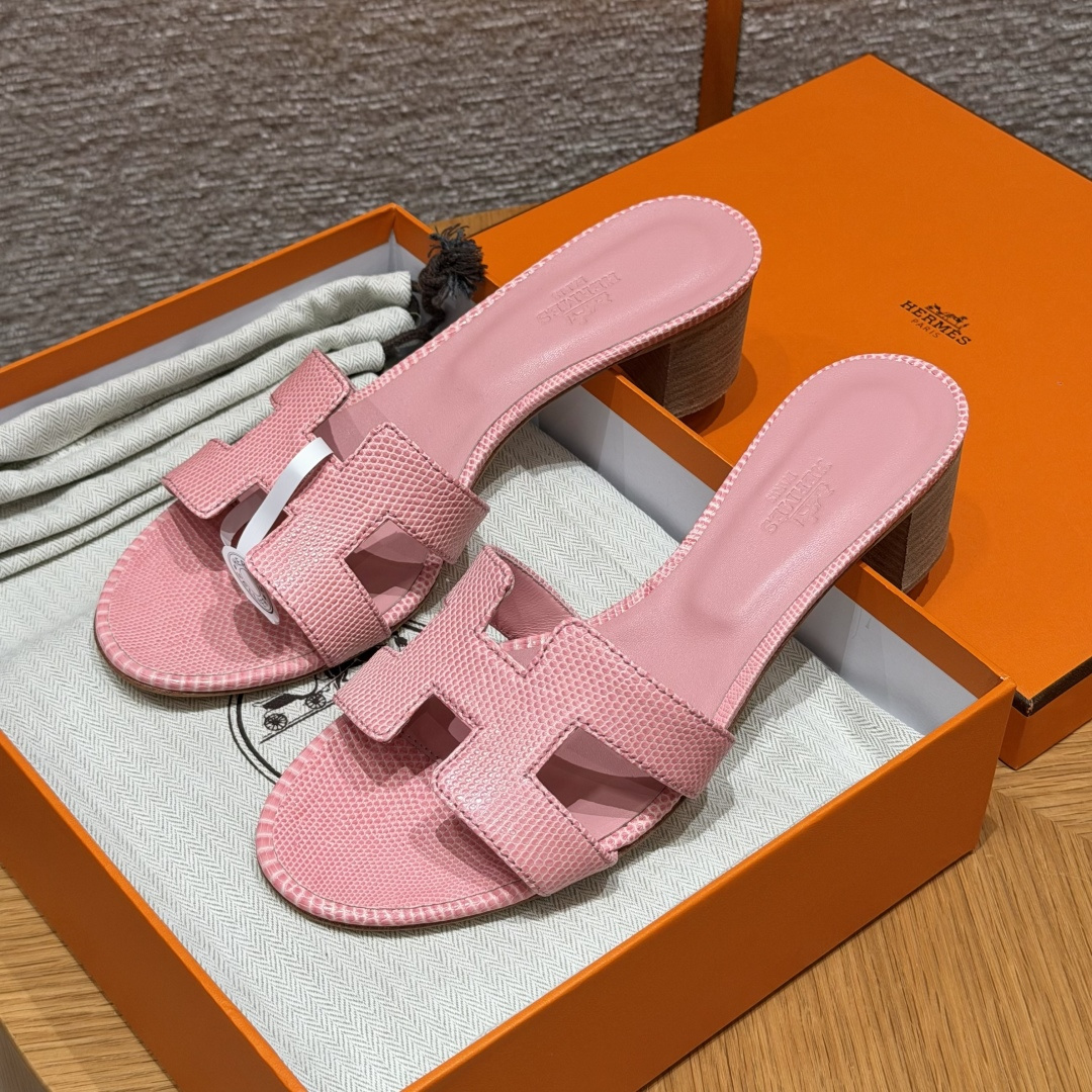 HERMES 🦎 Oasis Epsom Slippers  Eénband Slippers Dames Lente/Herfst Mode Klassiek Hagedissenleer Zeldzaam Leer