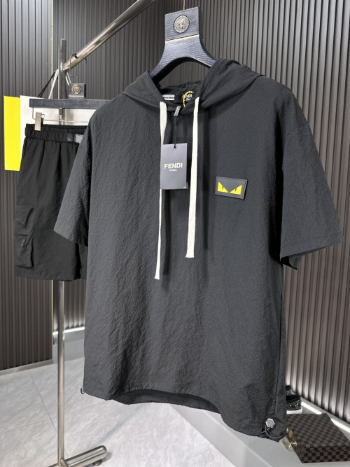 Fendi Men's Black Summer Activewear Set - Short Sleeve Hoodie & Shorts 1 Fendi Men's Black Summer Activewear Set - Short Sleeve Hoodie & Shorts