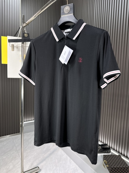 Brunello Cucinelli Men's Black Polo Shirt with Striped Collar and Cuffs 1 Brunello Cucinelli Men's Black Polo Shirt with Striped Collar and Cuffs