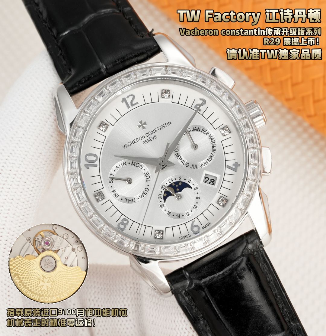 NO:394409,Produced by TW, White-Gold (Aperture-50) TW Factory is launched, and the Vacheron Constantin VC R inheritance and upgraded version series is launched shockingly!  Multi-functional premium couple watch!  Xiaohongshu's popular model 1 equipped with the original imported moon phase function movement mechanical watch is accurate and zero-repair when walking!  2 The dial uses a bar as a scale to show the luxurious temperament of this watch!  The 3-belt uses imported square scale cowhide strap, the watch mirror adopts a high-quality mirror and a perspective bottom cover!  4 diameter men's model 41 mm, thickness 10 mm, women's model 35 mm, thickness 10 mm!  5 watch functions combine week/month/date/moon/sun and other functions, and the best male and female watches are truly standard for rich women!  It is a representative work of high-end watches. The reputation details reveal the nobleness of women and their taste is very good!  Consistent with the inside and out, unique ingenuity!  The best luxury recommendation for gifts, please identify TW exclusive quality, vacheron, cowhide19860909TW 出品 白-金（光圈-50） TW Factory 新款上市,江诗丹顿 VC R 传承升级版系列震撼上市！多功能的高级情侣对表！小红书爆款 1搭载原装进口月相功能机芯机械表走时精准零返修！ 2表盘上采用条钉作为刻度更显示出这款腕表的华贵气质！ 3皮带采用进口方形鳞纹牛皮表带,表镜采用高品质的镜面,透视底盖！ 4直径男款41毫米,厚度10毫米,女款35毫米,厚度10毫米！ 5腕表功能汇集星期/月份/日期/月亮/太阳等功能于一身,最佳男女腕表真正的富家女标配！为高端腕表的代表之作 尊贵彰显之美誉细节之处透露女士高贵,品位十分！ 表里如一 独具匠心！送礼最佳奢华推荐请认准TW独家品质,,vacheron,cowhide,Watch