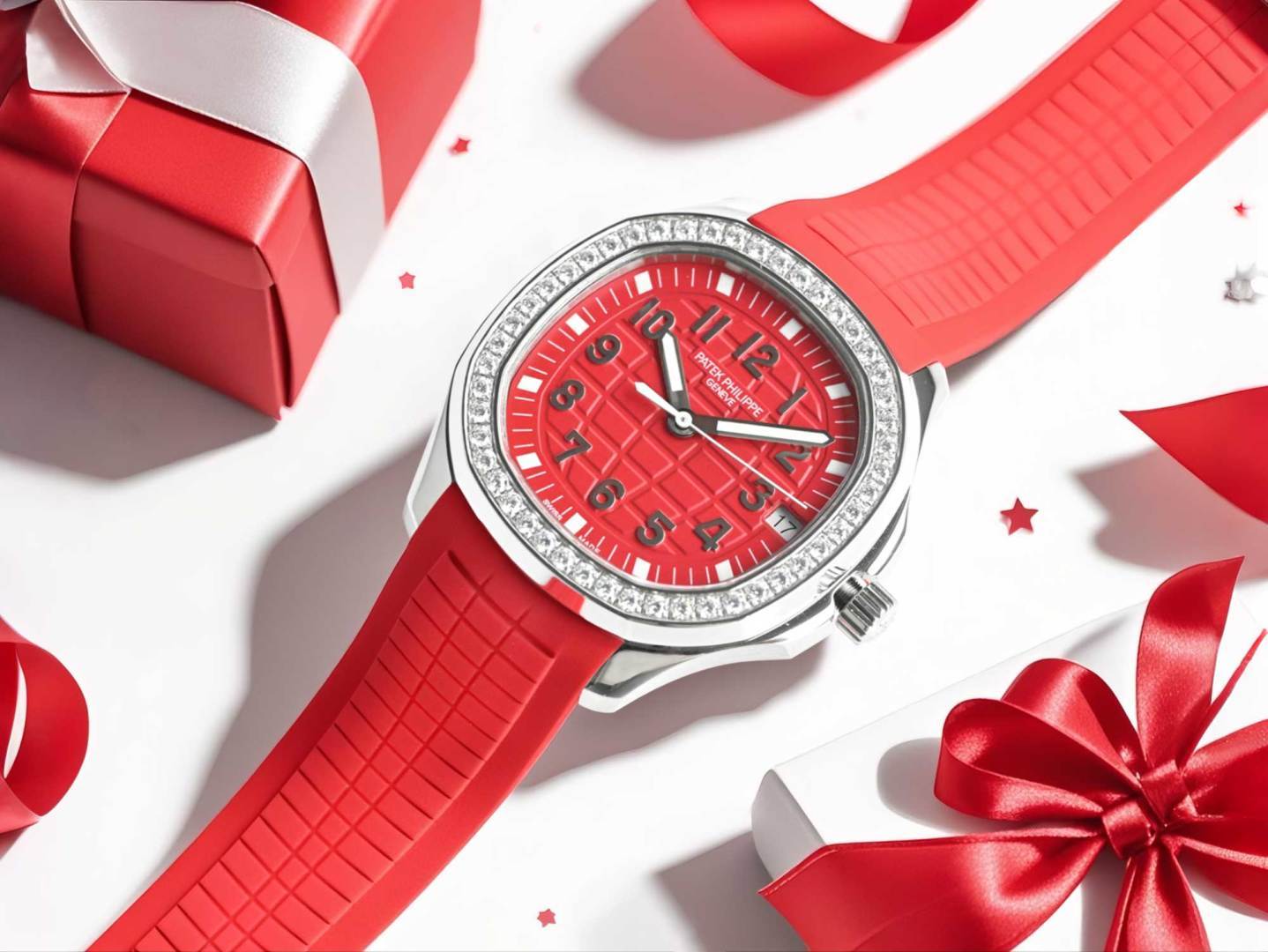 Patek Philippe Aquanaut Series Red Rubber Strap Diamond Bezel Automatic Watch