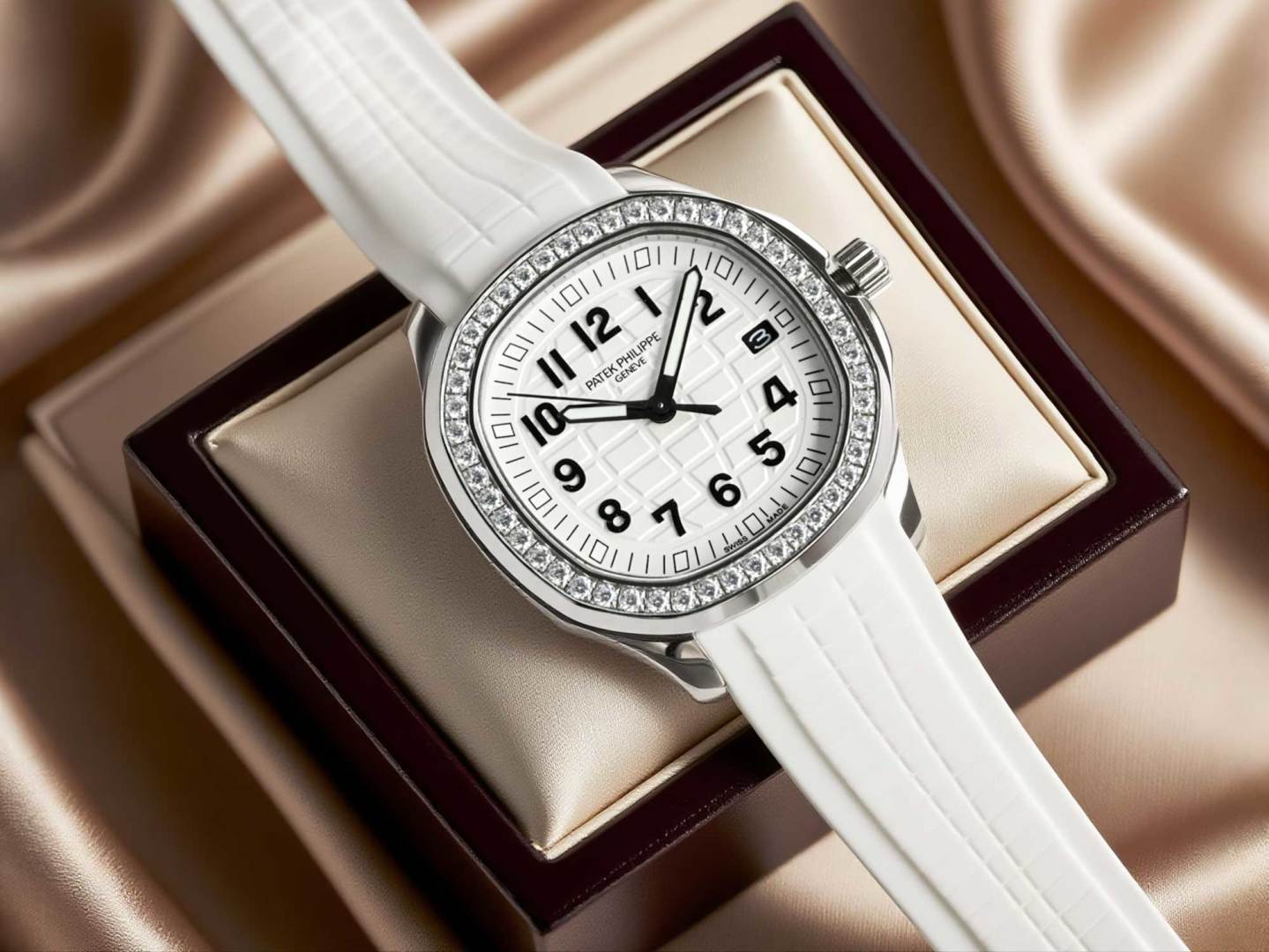 Patek Philippe Aquanaut Diamond Watch, White Rubber Strap, Swiss Movement