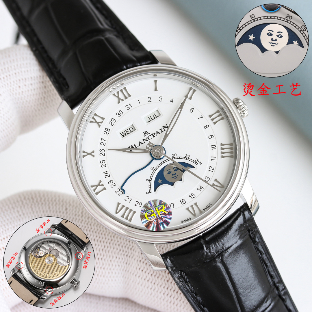 NO:337179,Gold GR Factory new product Blancpain classic series 6654 full calendar moon phase watch 1 step-shaped case, simple and three-dimensional, 40mm diameter 2 simple and elegant dial, concentric circle layout is clear and easy to read, outer Roman three-dimensional hour marker, inner circle calendar indication; 3 hollow willow leaf needle, logo large seconds hand, blue steel calendar needle, each performs its duties, 11 o'clock and 1 o'clock windows, display week and month. Equipped with 6654.5 automatic winding movement, power reserve for up to 72 hours, four-way hidden adjustment buttons are cleverly integrated into the lugs, taking into account convenient operation and aesthetic balance, Blancpain's moon phase face was once talked about by watch friends, and the playful little face and emoji expression are similar,19860909金 GR Factory 新品 宝珀经典系列6654全历月相腕表 1阶梯式表壳,简约中有立体感,表径40mm 2素雅表盘,同心圆布局清晰易读,外围罗马字立体时标,内圆日历指示； 3镂空柳叶针、logo大秒针、蓝钢日历针,三者各司其职,11点位与1点位窗口,显示星期与月份. 搭载6654.5自动上链机芯,动力储存长达72小时,四方位隐藏式调校按钮巧妙融入表耳,兼顾便捷操作与美学平衡,宝珀的月相脸一度被表友们津津乐道,俏皮小脸与emoji表情有异曲同工之妙,,,Watch