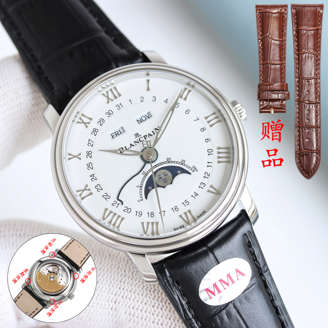 NO:859569,MMA launches Blancpain Villeret classic series 6654 full calendar moon phase watch  The Blancpain Villeret series 6654 watch interprets the extraordinary charm of classic formal watches with elegant design and precision watchmaking technology. The 40 mm polished case has rounded lines and a double-layer bezel design, showing low-key luxury. On the milky white or dark enamel textured dial, Roman numerals and willow-shaped hands complement each other. The 3 o'clock day and month window, 6 o'clock romantic moon phase and date hand, 12 o'clock day display, the layout is harmonious and rich.  Equipped with the brand's own Caliber 6654 automatic winding movement, equipped with a silicon hairspring, it provides a 72-hour power reserve to ensure accurate travel time. The hidden adjustment buttons are cleverly integrated into the lugs, taking into account both convenient operation and aesthetic balance. The moon phase disk is based on starry sky blue, and the golden moon smile adds poetry, and only needs to be adjusted once every 1. Whether it is for business occasions or daily wear, Blancpain 6654 has excellent craftsmanship and timeless style, making it an ideal choice for tasteful people.19860909MMA强势推出宝珀Villeret经典系列6654全历月相腕表 宝珀Villeret系列6654腕表,以优雅设计与精密制表工艺,诠释经典正装表的非凡魅力.40毫米抛光表壳线条圆润,搭配双层表圈设计,尽显低调奢华.乳白色或深色珐琅质感表盘上,罗马数字时标与柳叶形指针相得益彰,3点位星期与月份视窗、6点位浪漫月相及日期指针、12点位星期显示,布局和谐而富有层次.  搭载品牌自产Caliber 6654自动上链机芯,配备硅游丝,提供72小时动力储存,确保精准走时.隐藏式调校按钮巧妙融入表耳,兼顾便捷操作与美学平衡.月相盘以星空蓝为底,金色月亮笑脸更添诗意,每1仅需调校一次.  无论是商务场合还是日常佩戴,宝珀6654皆以卓越工艺与隽永风格,成为品味人士的理想之选.,,Watch