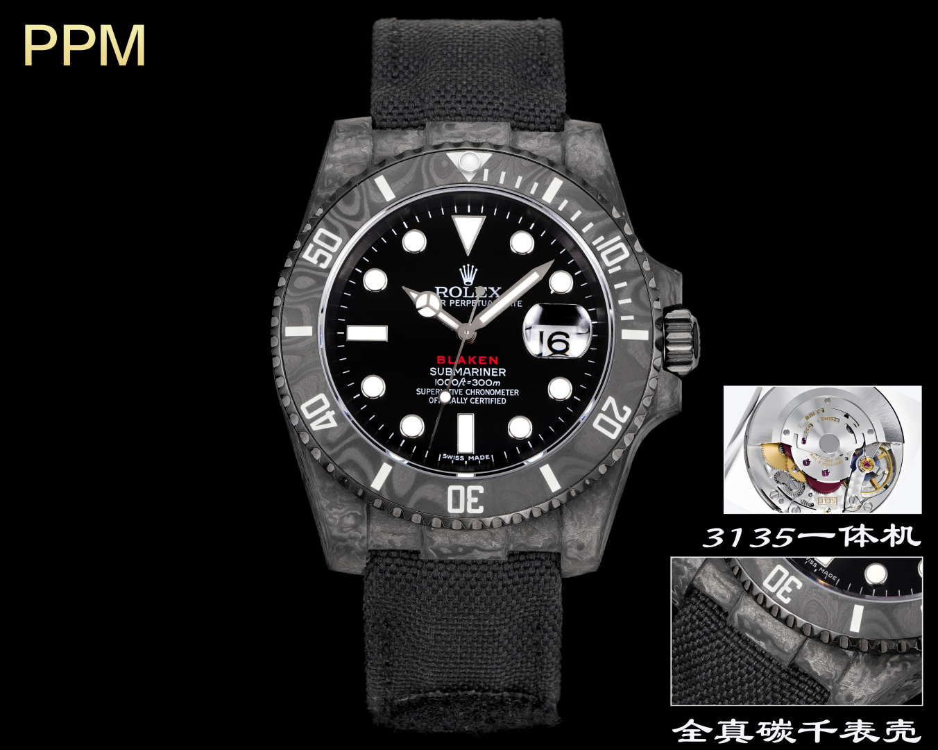 Rolex Submariner Carbon Fiber Watch, PPM Custom, Caliber 3135 - Unique Timepiece 2 cmp i1754593538961 7851 0 0