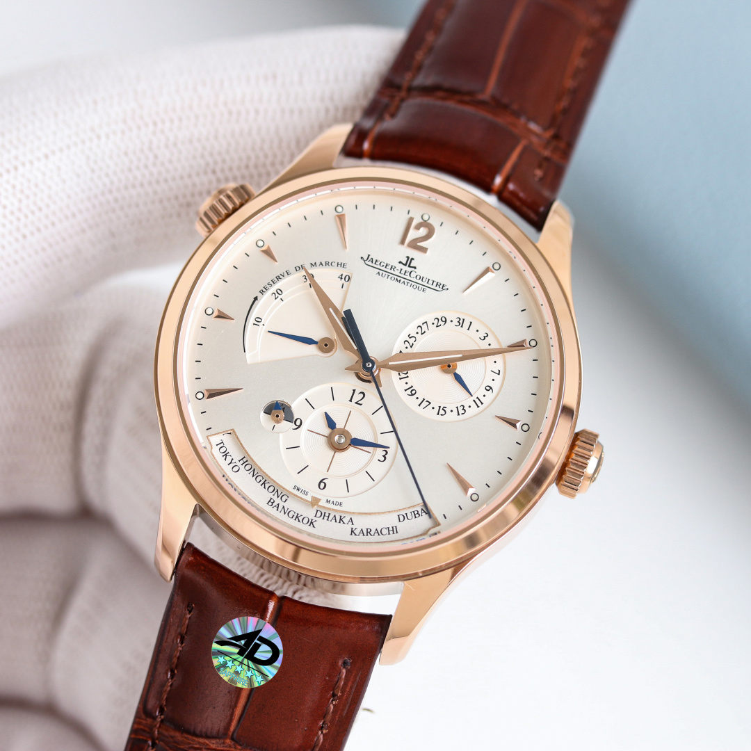 Jaeger-LeCoultre Master Geographique Rose Gold Brown Leather Strap Watch