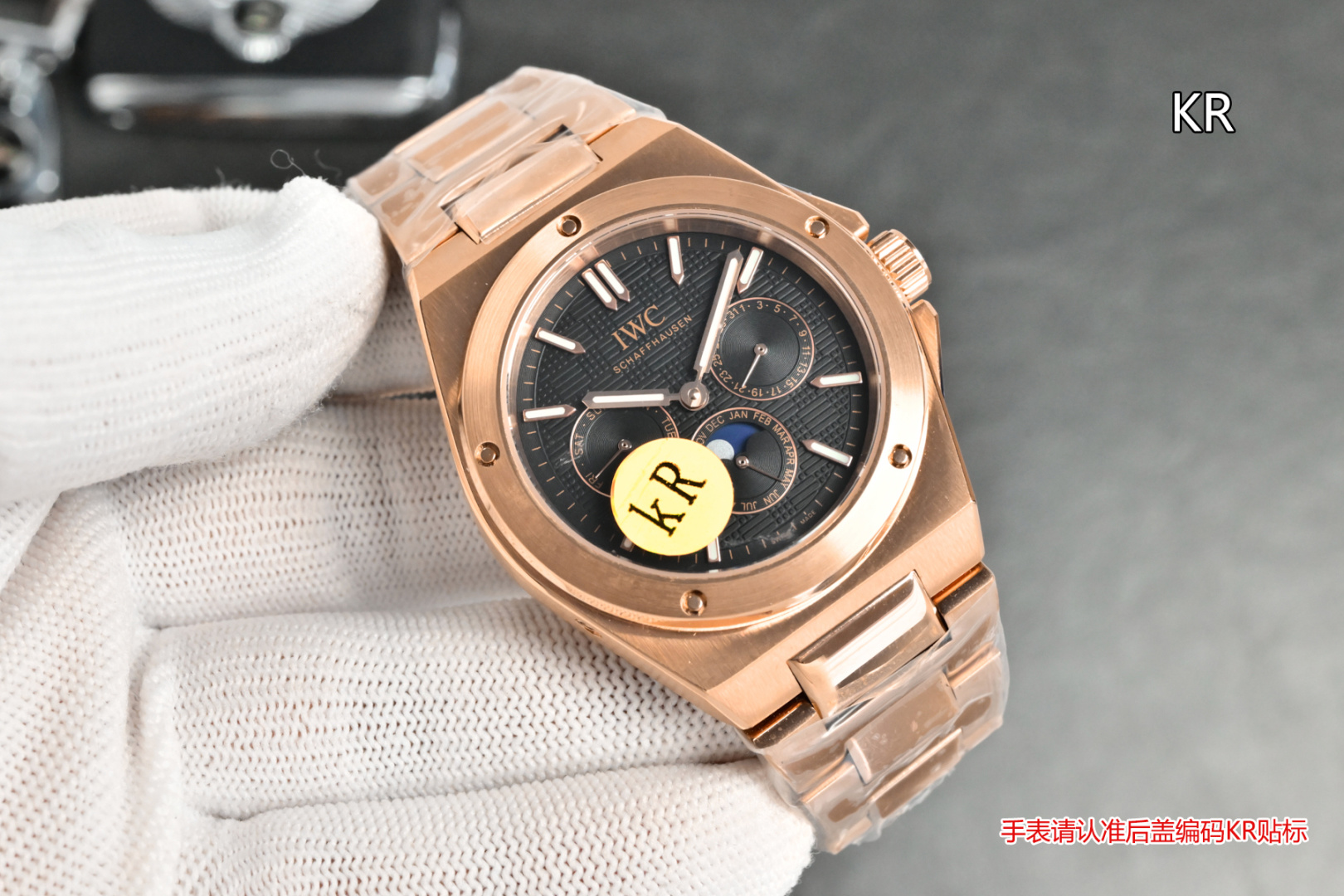 NO:714969,KR's new product IWC Ingenieur series perpetual calendar watch, the most complex watch in the replica world, all functions are synchronized with the original, and all function adjustments are controlled by the crown. 1 [Function introduction] The calendar is displayed at 3 o'clock, the day of the week is displayed at 9 o'clock, and the month and moon phase pointer is displayed at 6 o'clock. 2 [Fine workmanship] The shell adopts the same three-piece structure as the original, with a brushed middle, polished upper and lower shells, and a high-cost pot-lid-shaped sapphire for the mirror surface to enhance its texture.  3 [Movement Performance] The size is 41.6mm. The movement adopts Tianjin caliber 82600, which is efficient and stable, and has a power time of more than 72 hours. It is equipped with a complex perpetual calendar module, and synchronizes all functions to achieve synchronization with the original adjustment through the crown. 4 [Notes] Because the perpetual calendar module is very complicated, the time will be adjusted before shipment. Customers can just wind it up and wear it after receiving it. Please do not adjust it easily. Due to the upgraded function of the movement, the adjustment needs to be done slowly.  KR’s masterpiece, welcome to appreciate it!  ,,iwc19860909KR新品 万国工程师系列万年历腕表,复刻界最复杂的腕表,所有功能同步原装,所有功能调节通过把头控制. 1【功能介绍】3点钟位置显示日历,9点钟位置显示星期,6点钟月份月相指针显示. 2【做工精细】外壳采用原版同样的三件套结构,中间拉丝,上下壳为抛光,镜面采用高成本的锅盖形蓝宝石,使其质感提升. 3【机芯性能】尺寸41.6mm,机芯采用天津机芯改82600,高效稳定,动力时间长达72小时以上,进行加装复杂的万年历模块,而且同步所有功能实现同步原装通过把头调节. 4【注意事项】由于万年历模块十分复杂在出货前都会调准时间,客户收到直接上链上手佩戴即可,请不要轻易乱调,由于机芯加装升级功能,调节需慢慢按调. KR匠心巨作,欢迎品鉴！,,iwc,Watch