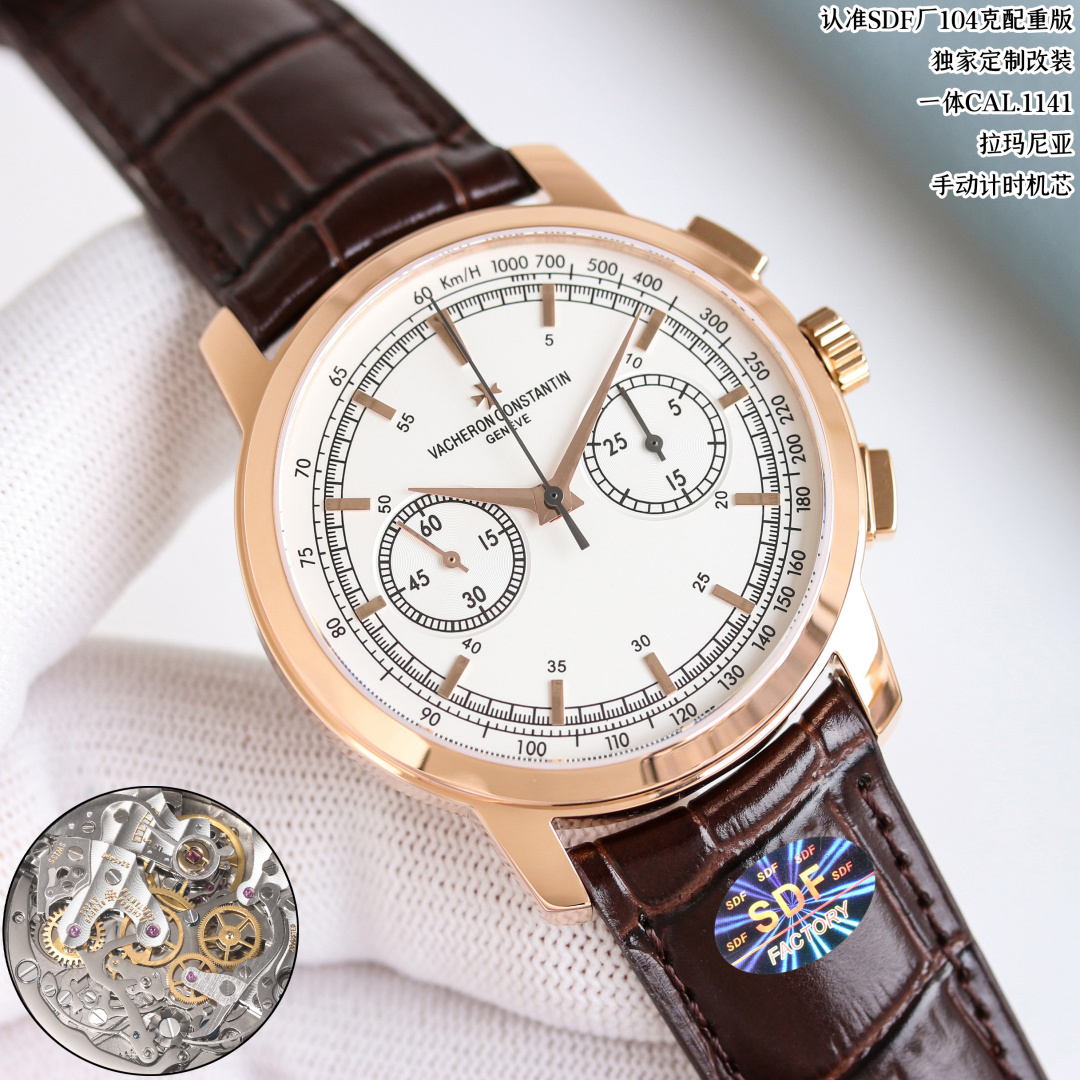 NO:821956,Produced by SDF SDF Factory 104g counterweight version CM6 Vacheron Constantin Heritage Series 47192 manual winding chronograph VC 1 size 42mm12.8mm 2 movement exclusively customized and modified integrated Cal.1141 Lamagnia manual chronograph movement, currently the closest to the original version on the market 3 case 316L stainless steel case endowed with nano vacuum electroplating white gold and rose gold  4 straps, buckles, Italian calfskin with original hollow folding clasp. SDF Factory invites you to see the most perfect mechanical beauty of back-through manual chronograph. Luxurious and refined, we recommend men’s multifunctional mechanical watches. For best luxury gifts, please look for the exclusive quality of SDF, vacheron, cowhide.19860909SDF 出品 SDF Factory 104克配重版 CM6 江诗丹顿 Vacheron Constantin 传袭系列 47192手动上链计时码表 VC 1尺寸42mm12.8mm 2机芯独家定制改装一体Cal.1141拉玛尼亚手动计时机芯,目前市面最为接近原版 3表壳316L精钢表壳赋予纳米真空电镀白金及玫瑰金 4表带表扣意大利小牛皮配以原版一致镂空式折叠表扣 SDF Factory 邀你一览最为完美的背透手动计时码表机械之美 ,奢华精致推荐男士多功能机械腕表 送礼最佳奢华推荐请认准SDF独家品质,,vacheron,cowhide,Watch