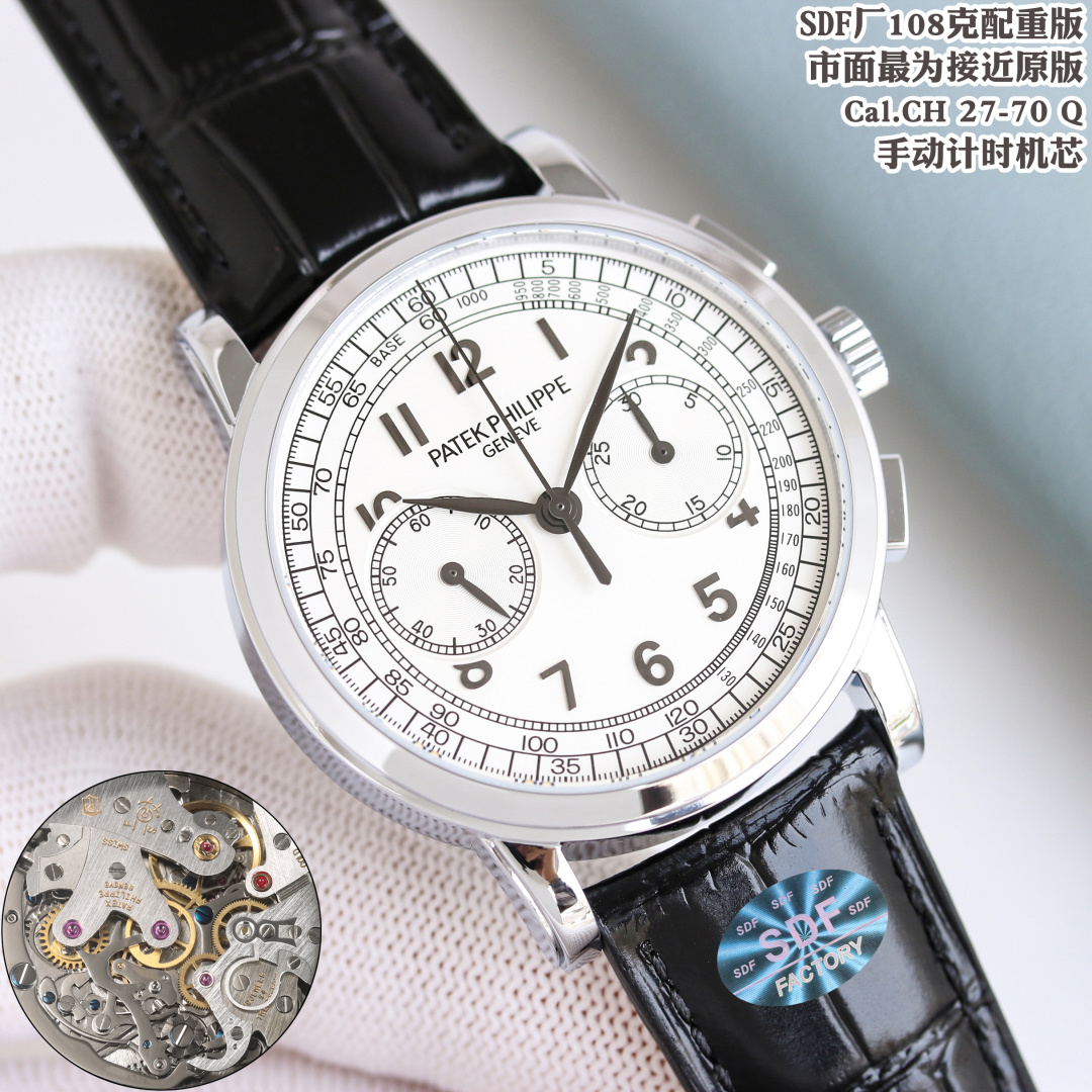 NO:715109,SDF Factory 108g counterweight version Patek Philippe complication chronograph series back-through manual winding chronograph 1 size 42mm13mm 2 movements exclusively customized and modified Cal.CH 27-70 Q manual chronograph movement, currently the closest to the original version on the market 3 case 316L stainless steel case stepped bezel. The lugs are given nano vacuum electroplating white gold and rose gold  4 straps, buckles, Italian calfskin with original karaoke lantern folding clasp. SDF Factory invites you to take a look at the most perfect mechanical beauty of the back-through manual chronograph,,patek philippe,cowhide19860909SDF Factory 108克配重版 百达翡丽 Patek Philippe  复杂功能计时系列背透手动上链计时码表 1尺寸42mm13mm 2机芯独家定制改装一体 Cal.CH 27-70 Q手动计时机芯,目前市面最为接近原版 3表壳316L精钢表壳阶梯式表圈.表耳赋予纳米真空电镀白金及玫瑰金 4表带表扣意大利小牛皮配以原版一致卡拉桌华灯笼折叠式表扣 SDF Factory 邀你一览最为完美的背透手动计时码表机械之美,,patek philippe,cowhide,Watch