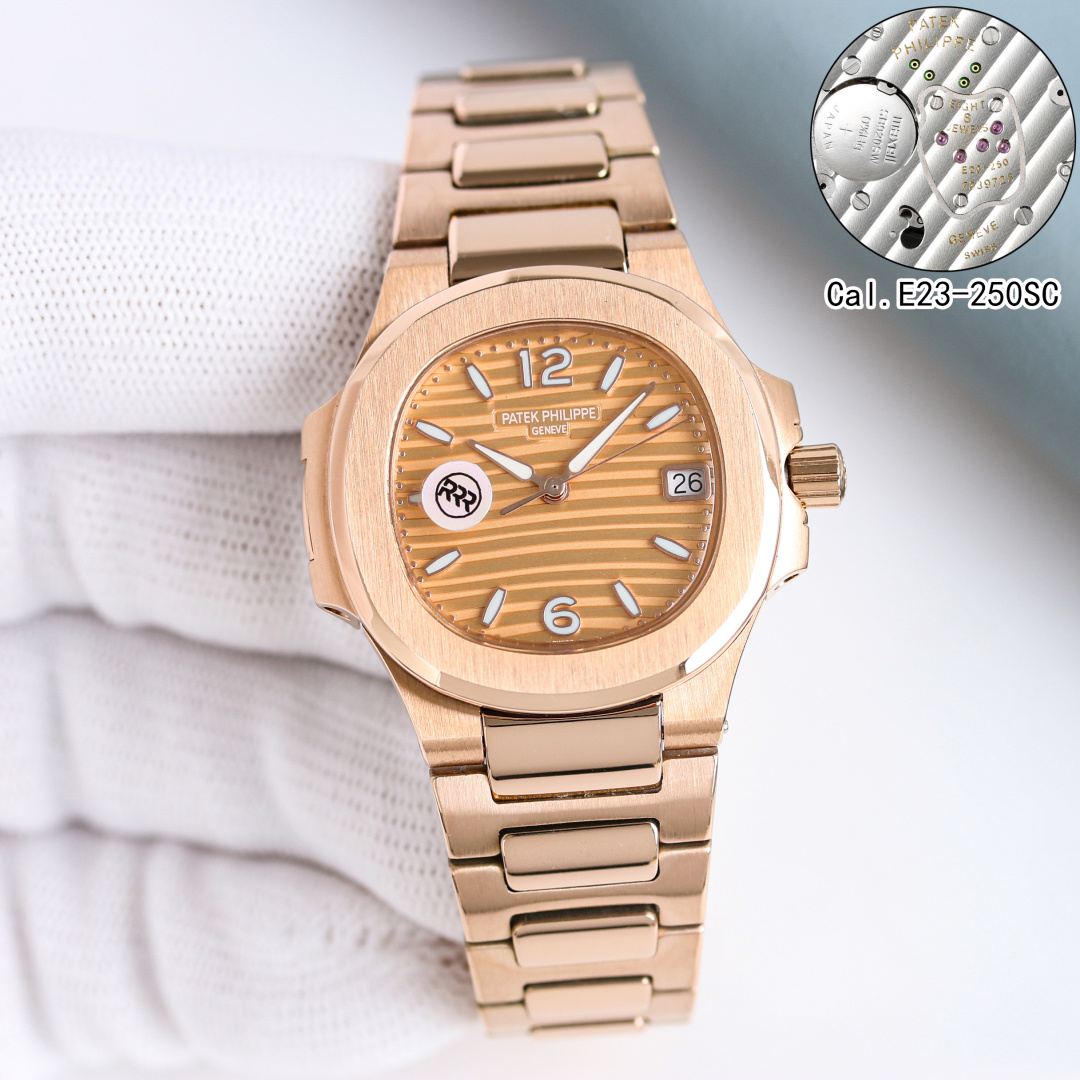 NO:728605,RRR factory and Swiss designers spent two years and spent a lot of money to create the ceiling PP Nautilus series!  The original mold is restored to the data, reaching 11 fine versions. Highlight 1: It beats most quartz women's watches on the market, and it is equipped with (Swiss original Cal.E 23-250SC movement), which is unique!  0 errors and 0 faults. Highlight 2: The word adopts Swiss strontium aluminate salt (non-radioactive) luminous coating technology, combined with optical coating to enhance light absorption efficiency, extend the afterglow time, restore the original posture, and make the wearer more beautiful at night. Highlight 3: The original size is 32mm in diameter and 6.9mm in thickness. This Nautilus women's model not only has an elegant and sporty style, but also adds a bit of softness, making women's watches more personalized and fashionable. It is also one of the most popular PP women's watches at the moment!  The case is made of 316 stainless steel and set with 46 brilliant diamonds. Highlight 4: Heavy gold customized PP original Patek Philippe latest butterfly buckle, the latest release from the restoration counter. This is the real ceiling, the quality can be seen, pay attention to the details of the RRR factory. It is not just an ordinary buckle in the market. The thickness of 6.9 is truly as thin as a cicada. The entire watch has a vacuum intracranial platinum and rose gold two-color option, bringing extraordinary touch and visual enjoyment, showing a bright luster.  When precise rhythms blend into soft curves, the sun and stars shine brightly on your wrist. The series uses contemporary design vocabulary to interpret the eternal feminine charm. Look for the RRR factory to give you a quality that you can wear with confidence.,,patek philippe19860909RRR厂联合瑞士设计师耗时两年,重金打造天花板PP鹦鹉螺系列！原版起模还原数据,达到11精细对版. 亮点1 秒杀市面绝大多数石英女表,搭载（瑞士原装Cal.E 23-250SC机芯）绝无仅有！0误差0故障. 亮点2 字面采用瑞士铝酸锶盐（无放射性）夜光涂层工艺,结合光学涂层增强吸光效率,延长余晖时间,还原原版姿态,让佩戴者在夜晚更显靓丽. 亮点3 原版尺寸32mm直径,6.9mm厚度.此款鹦鹉螺女款不仅拥有优雅运动风格,还增加了几分柔美、使得女装腕表更加个性时尚,也是当下最热门的PP女士腕表之一！表壳316精钢镶钻46颗明亮式钻石. 亮点4 重金定制PP原装百达翡丽最新蝴蝶扣,还原专柜最新发布,这才是真真正正的天花板,品质看得到,认准RRR厂细节.而非市场随便搭配普通扣. 6.9厚度真正做到薄如蝉翼,整表真空颅内白金及玫瑰金双色任选,带来非凡触感与视觉享受,呈现璀璨光泽. 当精密律动融入柔美曲线,当日辉与星光跃然腕上.系列,以当代设计语汇,诠释永恒女性魅力.认准RRR厂,给你一个戴着自信的品质.,,patek philippe,Watch