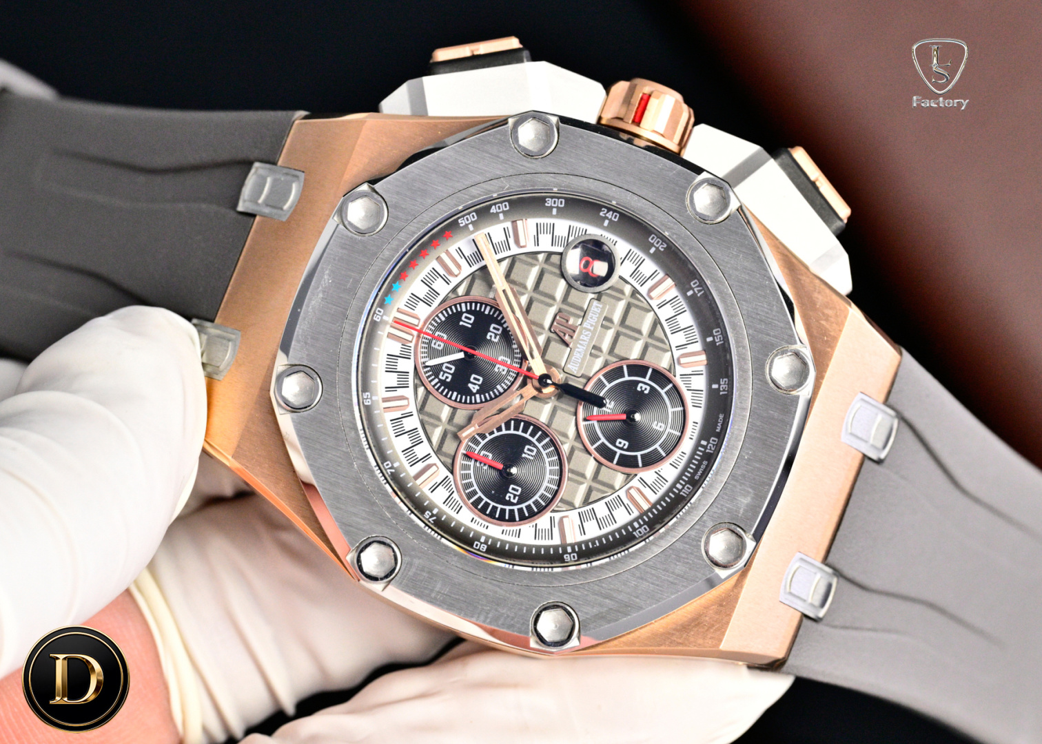 NO:764807,LS.Factory Audemars Piguet Michael Schumacher Royal Oak Offshore 26568PM.OO.A021CA.01 A brand new upgraded version, to eliminate fakes at first glance, turned out!  The Michael Schumacher Royal Oak Offshore Chronograph developed by Audemars Piguet has a diameter of 44 mm, which is impeccable and can be called the ceiling level. 1. The movement adopts Shanghai (12 small seconds) modified Cal.3126/movement. [Enlarge the magnifying glass calendar, better appearance] The quality is more stable. 2. The case is made of Japanese 316 stainless steel, which shows that the steel case is more bright (non-market ordinary 306 steel) 3.  The mirror is made of sapphire glass. 4. The strap is made of imported fluorine rubber tape, which is more comfortable to wear and feels better. 5. The dial is upgraded. The dial pattern is slow-cut by CNC (not hydraulic type). The finished pattern is clear. The iconic squares are now connected to each other by crosses.,,audemars19860909LS .Factory 爱彼 Audemars Piguet  迈克尔·舒马赫皇家橡树离岸型 26568PM.OO.A021CA.01 全新升级版,杜绝一眼假,横空出世！ 爱彼研制的迈克尔·舒马赫皇家橡树离岸型计时腕表采用44毫米的表径,做到无可挑剔,堪称天花板级别 1, 机芯采用上海（12 小秒）改 Cal.3126/机芯,【加大放大镜日历,更佳美观】质量更稳定. 2, 表壳采用日本 316 精钢打造,显示出钢壳更佳鲜亮（非市场用普通 306 钢） 3, 镜面采用蓝宝石玻璃镜面 4, 表带采用进口氟橡胶胶带,配带起来更加舒服,手感更好 5, 表盘升级,表盘纹路由CNC慢冼（非油压式）,成品纹路清晰,标志性的方形现在通过十字相互连接.,,audemars,Watch