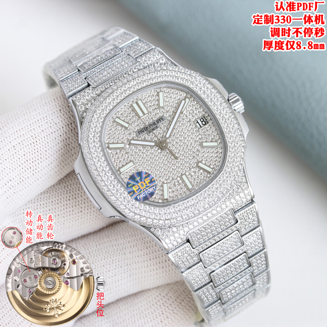 NO:882008,PDF Factory is full of stars!  PATEK PHILIPPE Nautilus 5719 series top full diamond watch, size 40mm  The I-shaped bead on the bracelet is inlaid with 803 eight-star and eight-arrow top-grade fire-colored rhinestones and 3 long T-shaped square diamonds. The dial is inlaid with 255 eight-star and eight-arrow top-grade fire-colored rhinestones and 3 long-shaped T-shaped diamond hour markers. PDF Factory invites you to appreciate the ultimate luxury Nautilus, allowing you to wear it to show your kingly style, patek philippe, gold19860909PDF Factory满天星来袭！ 百达翡丽PATEK PHILIPPE Nautilus 5719系列顶配满钻腕表 尺寸40mmX8.7mm 机芯独家定制26-一体自动上链机芯,调时不止秒及可动上链轮 整表均采用316L精钢CNC精雕加工后电镀白金,黄金,玫瑰金 表壳镶嵌颗八星八箭顶级火彩水钻,圈口32颗长形T方钻 表链工字珠镶嵌803颗八星八箭顶级火彩水钻及颗长形T方钻 表盘镶嵌255颗八星八箭顶级火彩水钻及3颗长形T钻时标 PDF Factory 邀您共鉴极致奢华的顶配鹦鹉螺,让您佩戴尽显王者风范,,patek philippe,gold,Watch