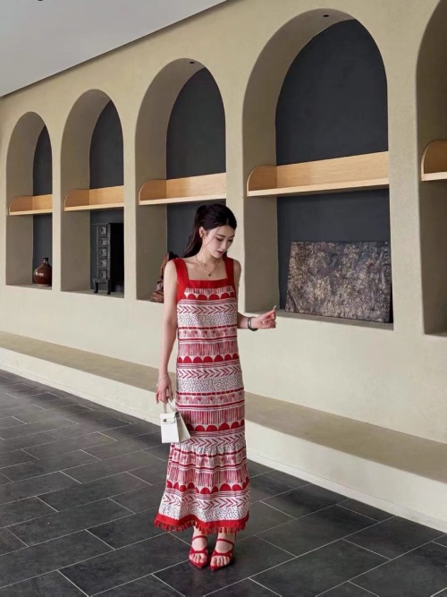 Red & White Striped Linen Blend Maxi Dress with Geometric Print & Tassels 1 Red & White Striped Linen Blend Maxi Dress with Geometric Print & Tassels
