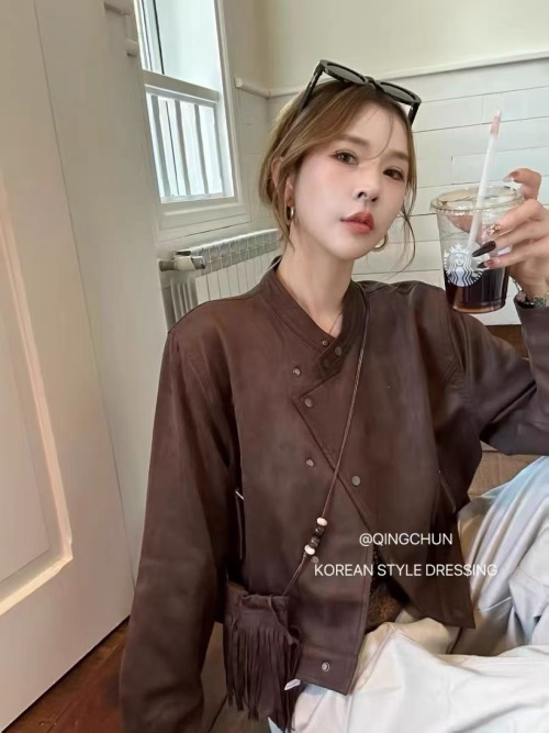 Suede Leather Stand Collar Jacket with Asymmetrical Closure and Fringe Bag 1 Suede Leather Stand Collar Jacket with Asymmetrical Closure and Fringe Bag