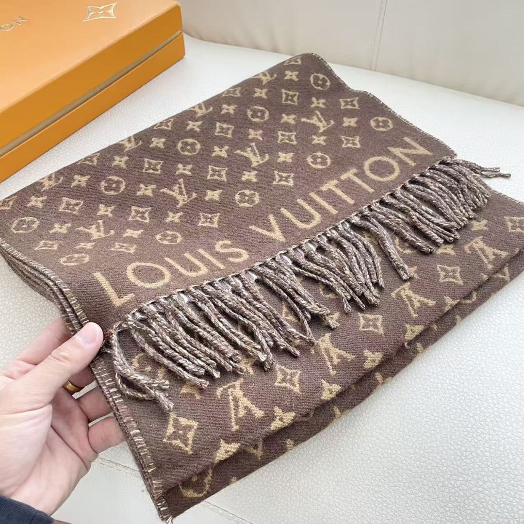 LOUIS VUITTON 流苏饰边 绵羊毛 绒线围巾 男女同款情侣款 35X240 95%纯羊毛 5%