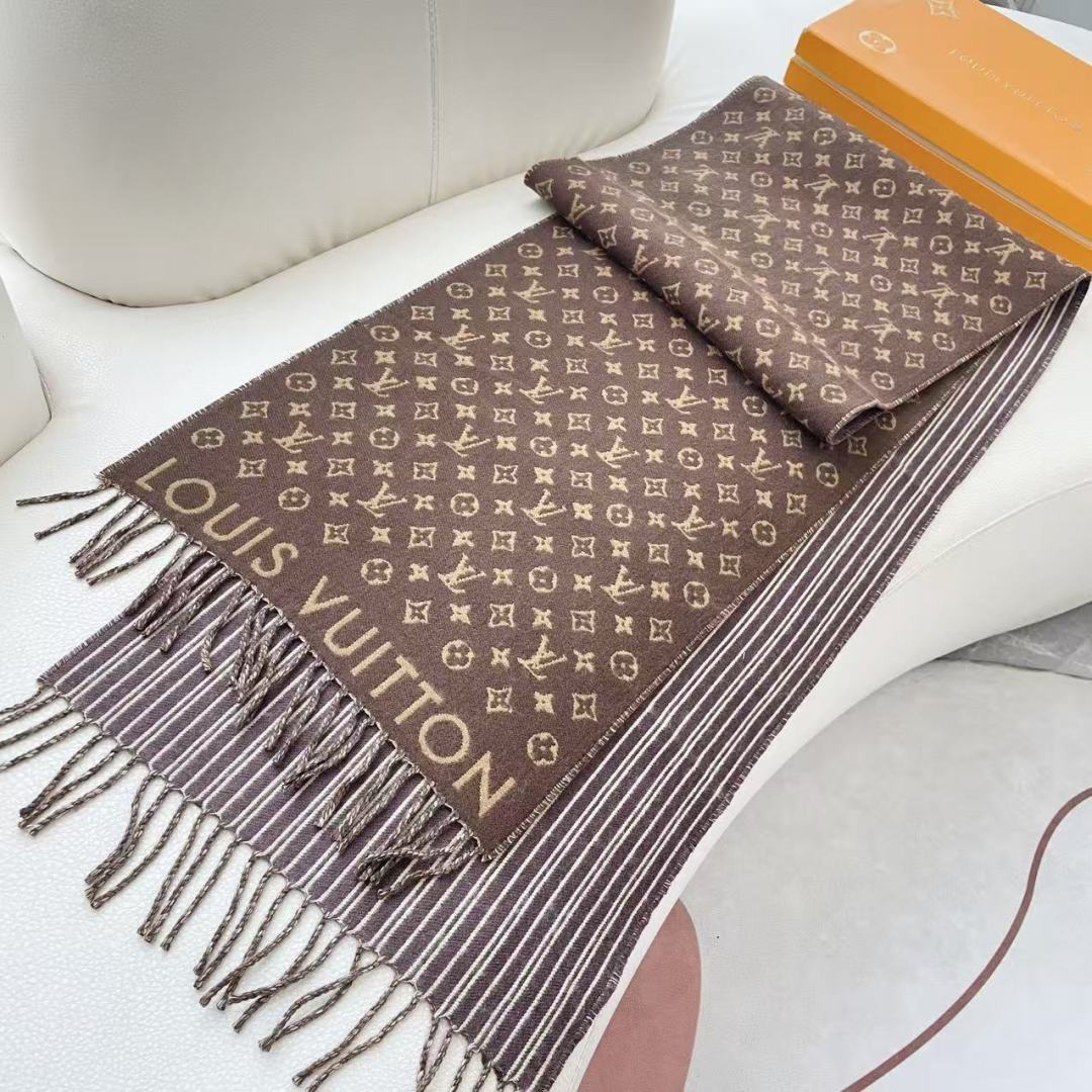 LOUIS VUITTON 流苏饰边 绵羊毛 绒线围巾 男女同款情侣款 35X240 95%纯羊毛 5%