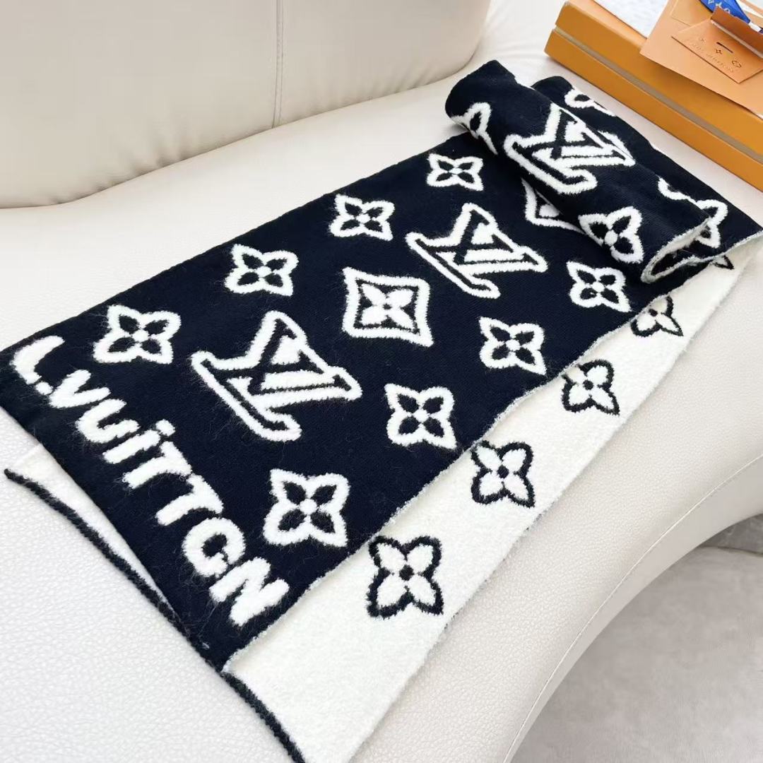 LOUIS VUITTON 徽标设计 羊毛 绒线围巾 88%羊毛 12%尼龙 180X25