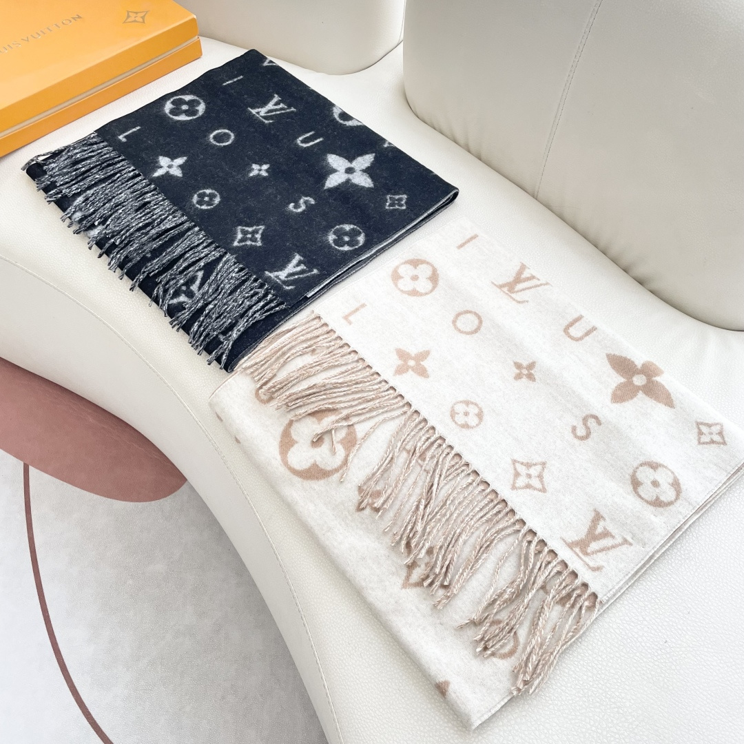 LOUIS VUITTON 标注 Monogram 花卉和 LV 字母40X240山羊绒 绒线围巾 男女