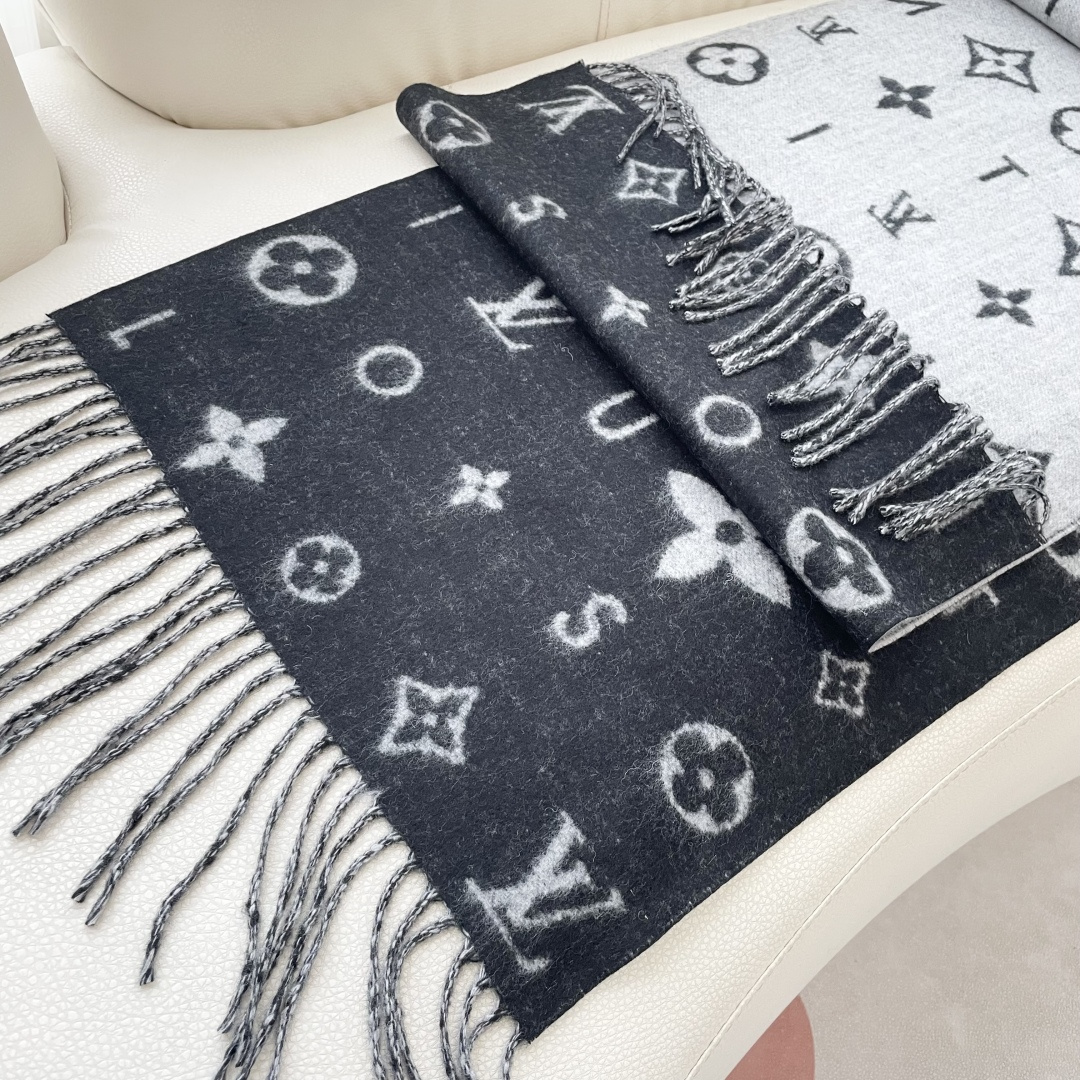 LOUIS VUITTON 标注 Monogram 花卉和 LV 字母40X240山羊绒 绒线围巾 男女