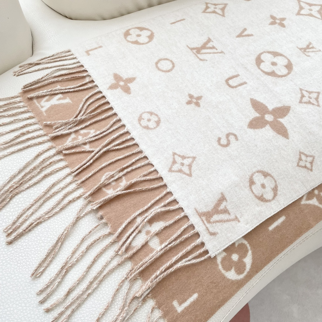 LOUIS VUITTON 标注 Monogram 花卉和 LV 字母40X240山羊绒 绒线围巾 男女