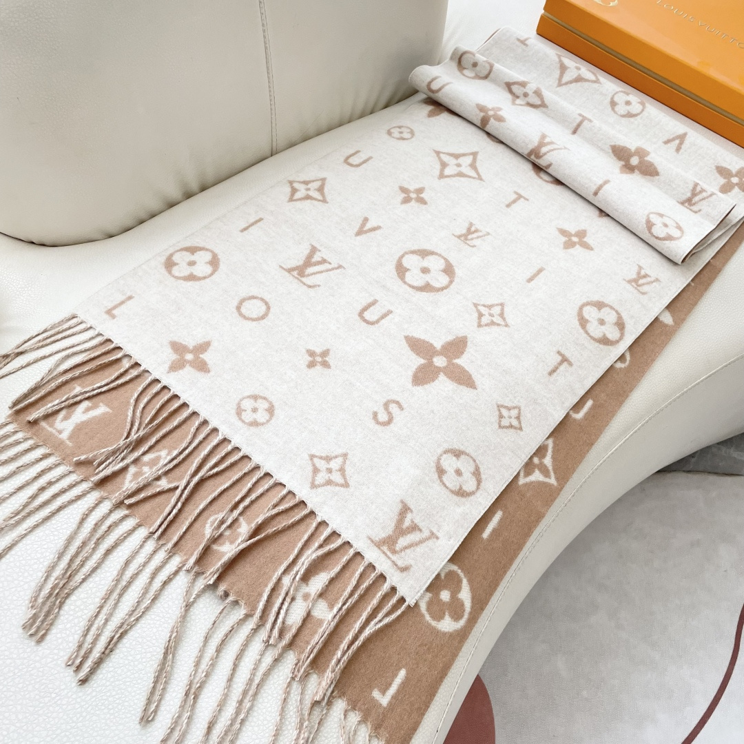 LOUIS VUITTON 标注 Monogram 花卉和 LV 字母40X240山羊绒 绒线围巾 男女