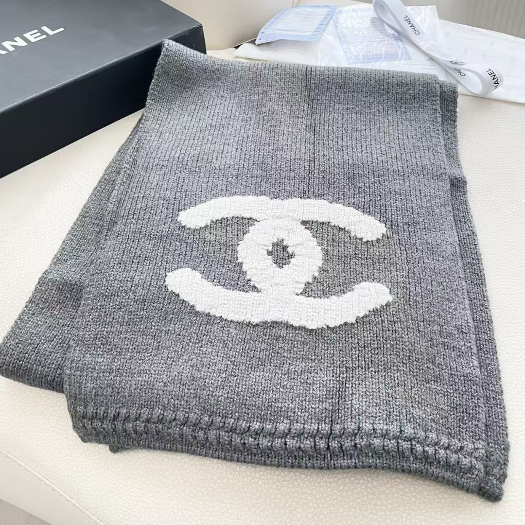 CHANEL香奈儿 【25B 秋冬】品牌标识 真丝 绒线围巾 男女同款情侣款 190X35