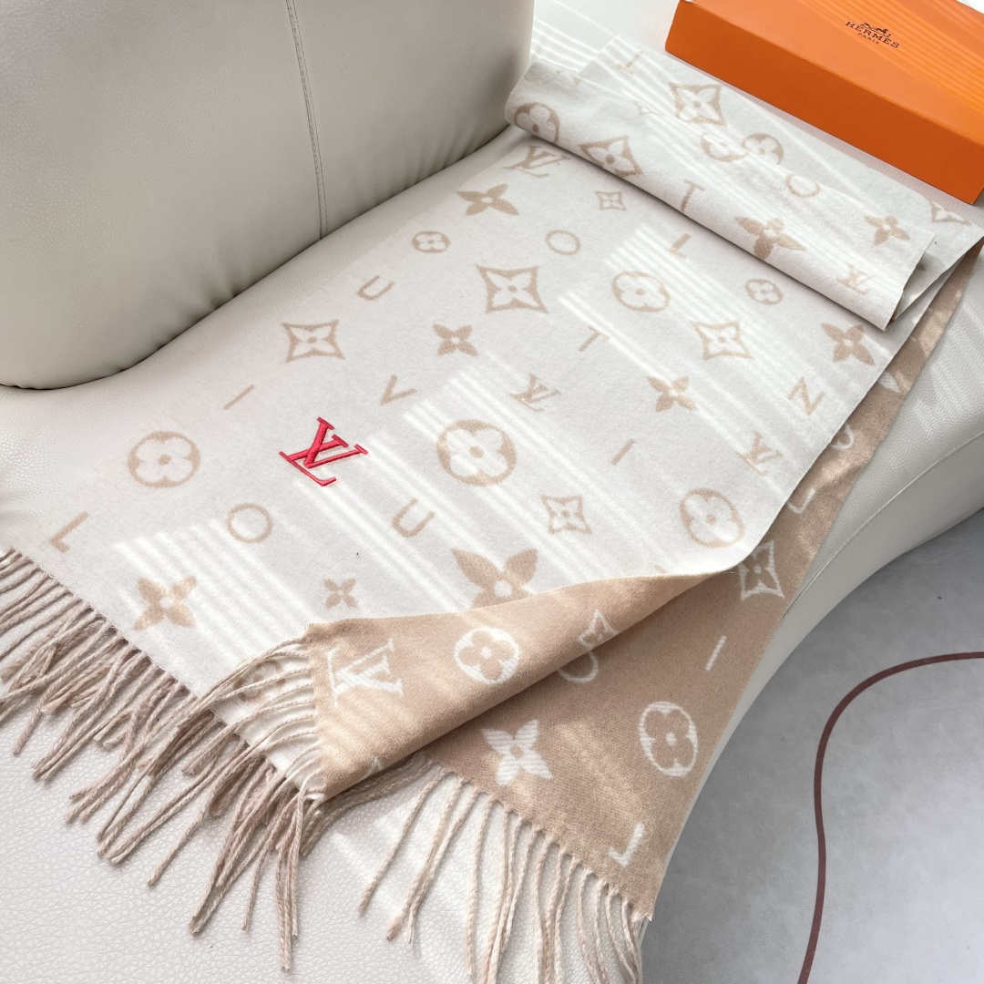 LOUIS VUITTON 标注 Monogram 花卉和 LV 字母40X240山羊绒 绒线围巾 男女