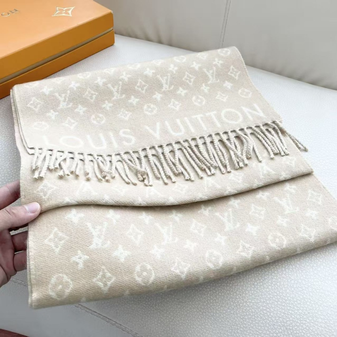LOUIS VUITTON 流苏饰边 绵羊毛 绒线围巾 男女同款情侣款 35X240 95%纯羊毛 5%