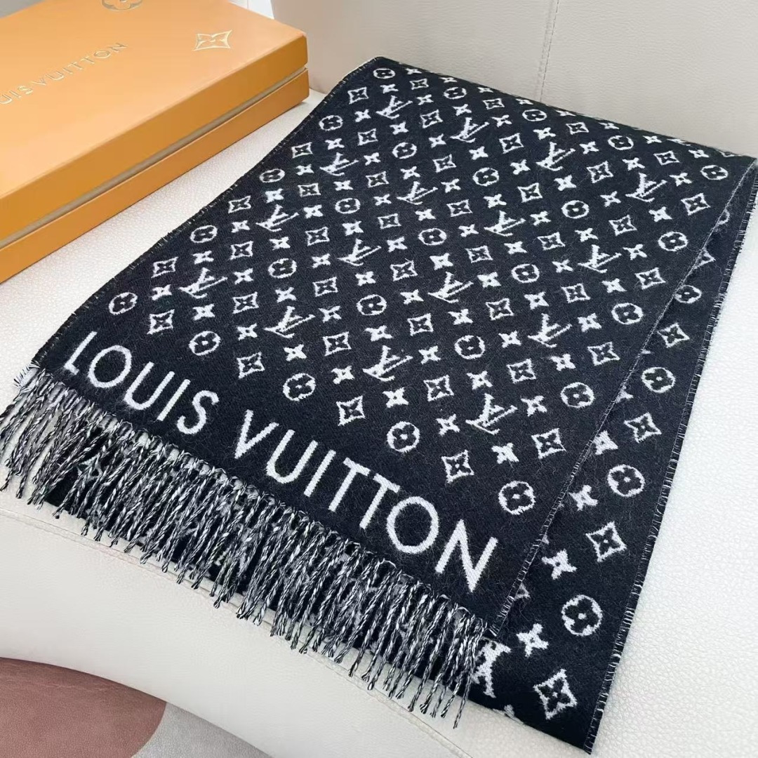 LOUIS VUITTON 流苏饰边 绵羊毛 绒线围巾 男女同款情侣款 35X240 95%纯羊毛 5%