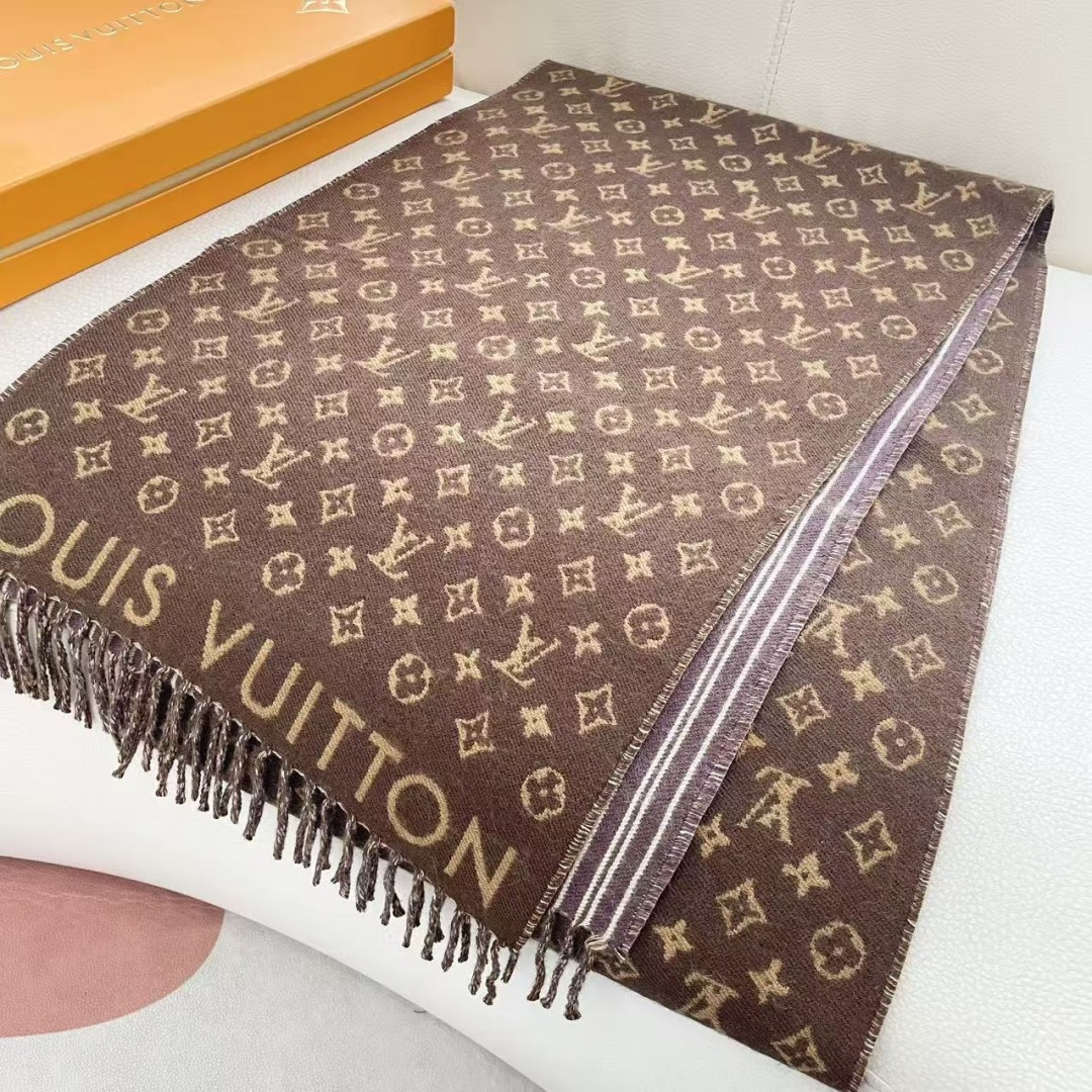 LOUIS VUITTON 流苏饰边 绵羊毛 绒线围巾 男女同款情侣款 35X240 95%纯羊毛 5%