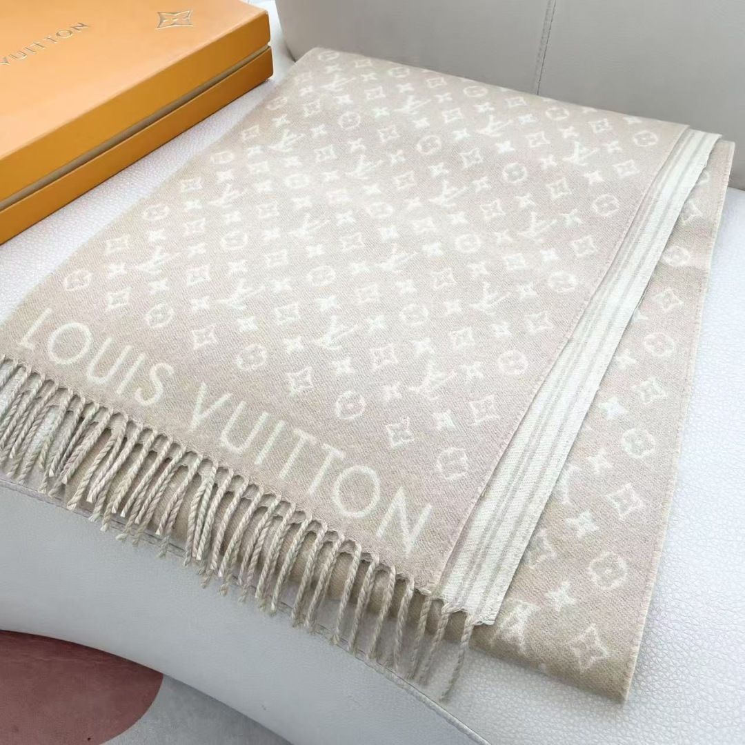 LOUIS VUITTON 流苏饰边 绵羊毛 绒线围巾 男女同款情侣款 35X240 95%纯羊毛 5%