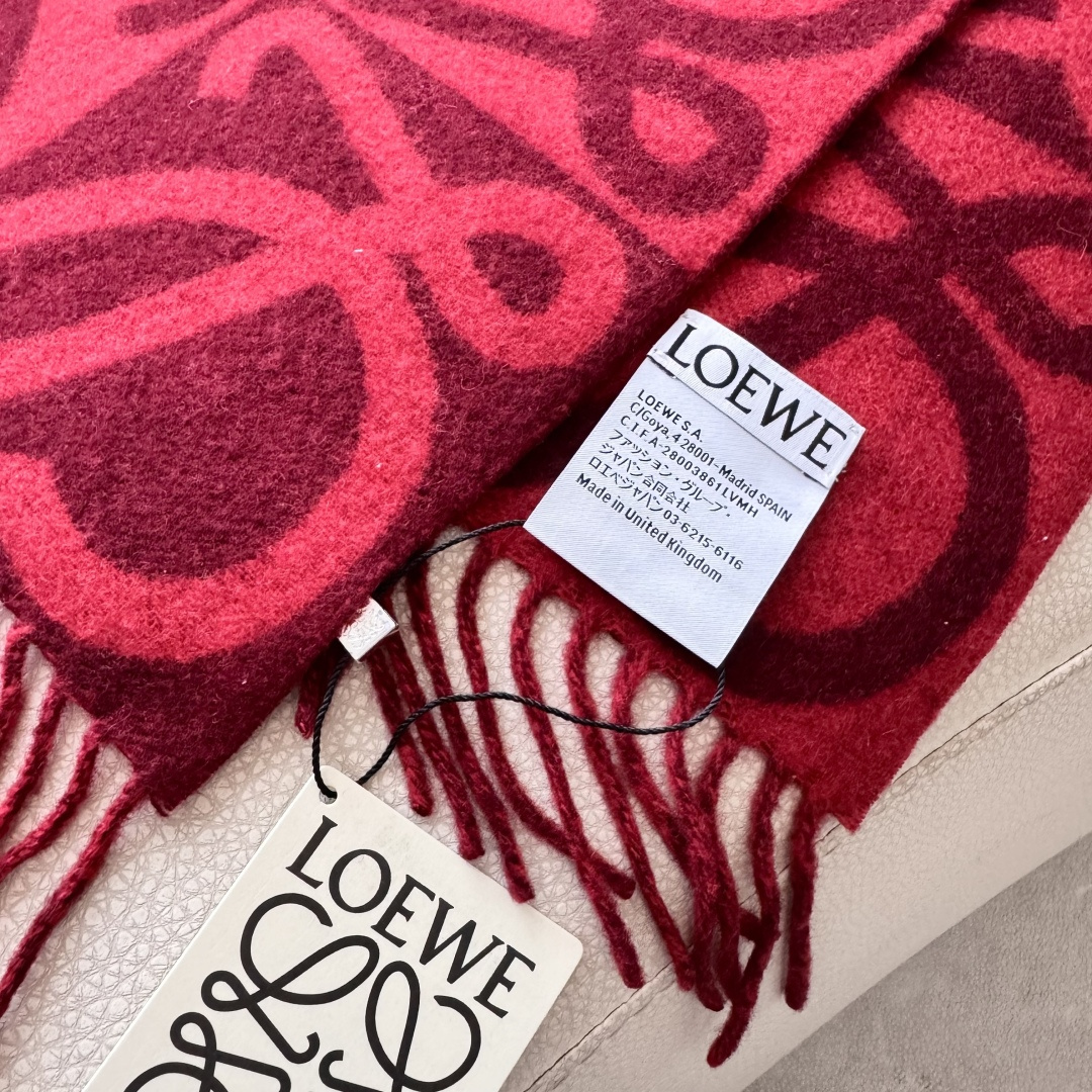 LOEWE罗意威 Anagram 新款 【26春夏系列】点缀双色提花图案流苏边缘 羊绒 绒线围巾 女男款 勃艮第红/红褐