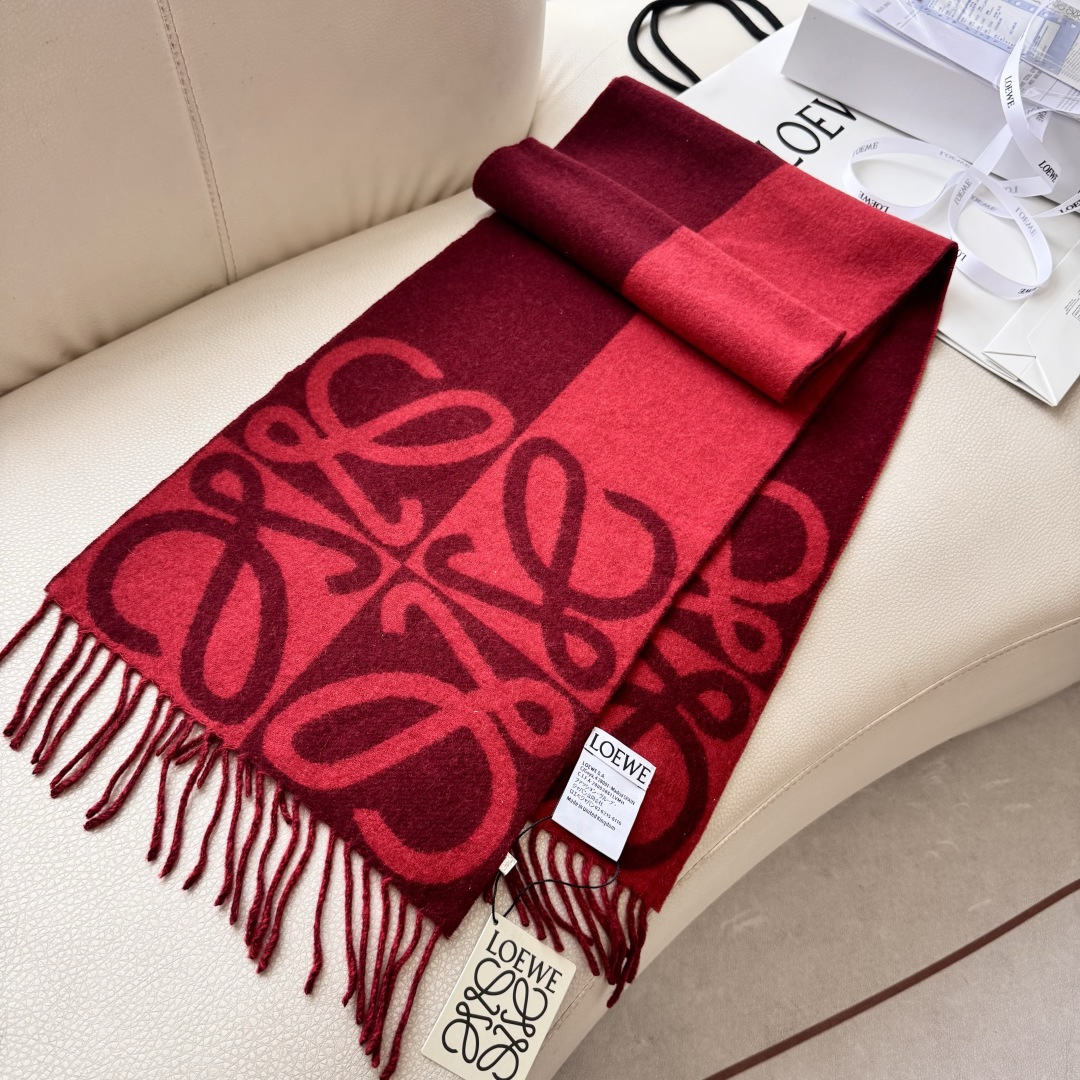 LOEWE罗意威 Anagram 新款 【26春夏系列】点缀双色提花图案流苏边缘 羊绒 绒线围巾 女男款 勃艮第红/红褐