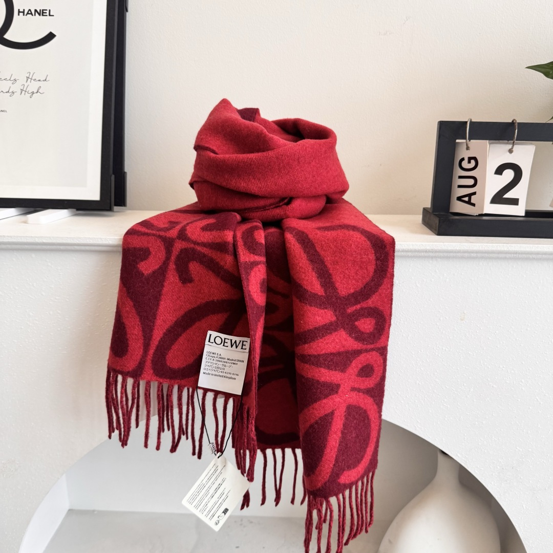 LOEWE罗意威 Anagram 新款 【26春夏系列】点缀双色提花图案流苏边缘 羊绒 绒线围巾 女男款 勃艮第红/红褐