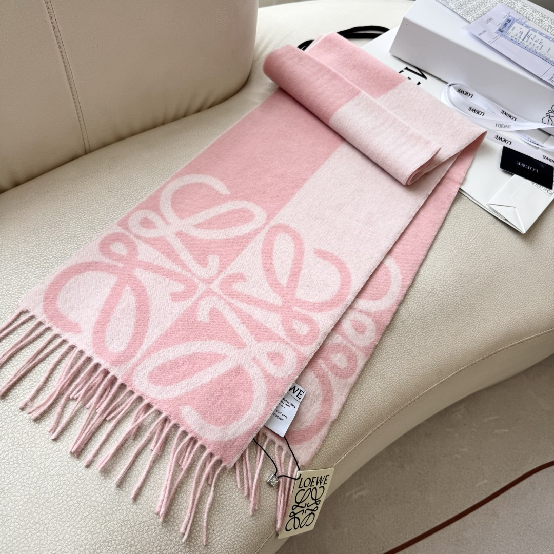 LOEWE罗意威 Anagram 新款 【26春夏系列】点缀双色提花图案流苏边缘 羊绒 绒线围巾 女男款 勃艮第红/红褐