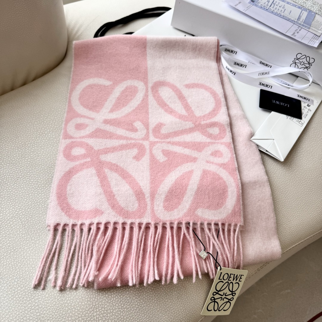 LOEWE罗意威 Anagram 新款 【26春夏系列】点缀双色提花图案流苏边缘 羊绒 绒线围巾 女男款 勃艮第红/红褐