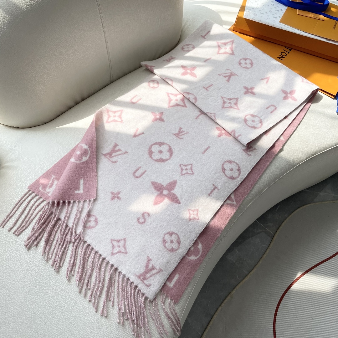 LOUIS VUITTON 标注 Monogram 花卉和 LV 字母40X240山羊绒 绒线围巾 男女同款情侣款 