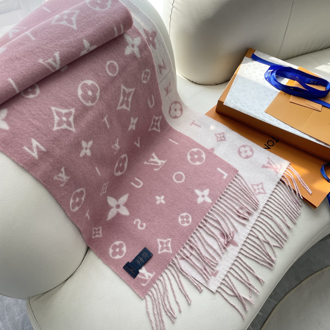 LOUIS VUITTON 标注 Monogram 花卉和 LV 字母40X240山羊绒 绒线围巾 男女同款情侣款 