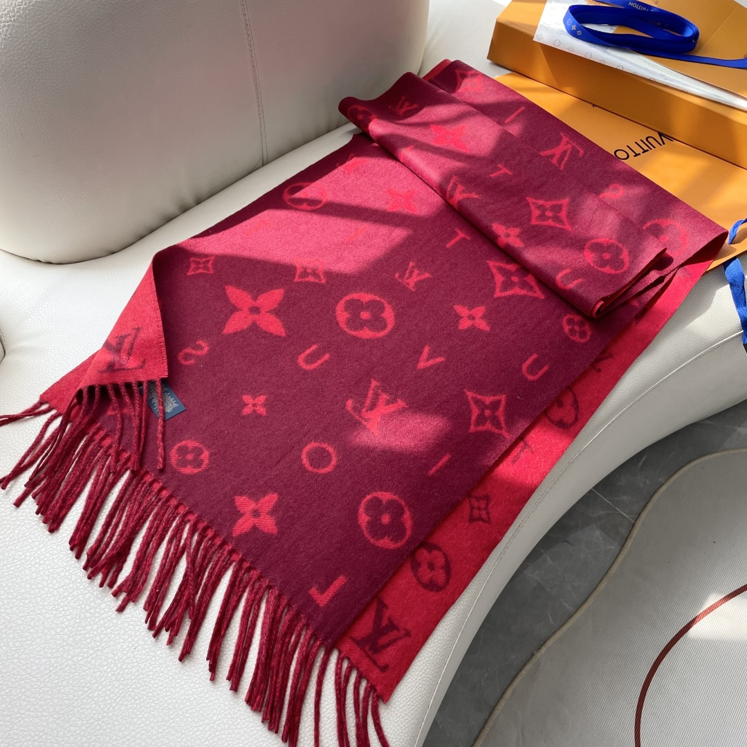 LOUIS VUITTON 标注 Monogram 花卉和 LV 字母40X240山羊绒 绒线围巾 男女同款情侣款 