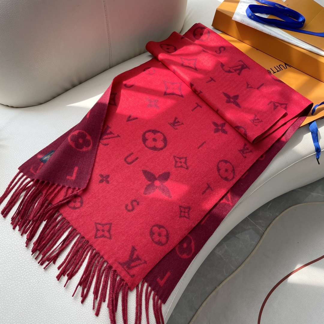 LOUIS VUITTON 标注 Monogram 花卉和 LV 字母40X240山羊绒 绒线围巾 男女同款情侣款 