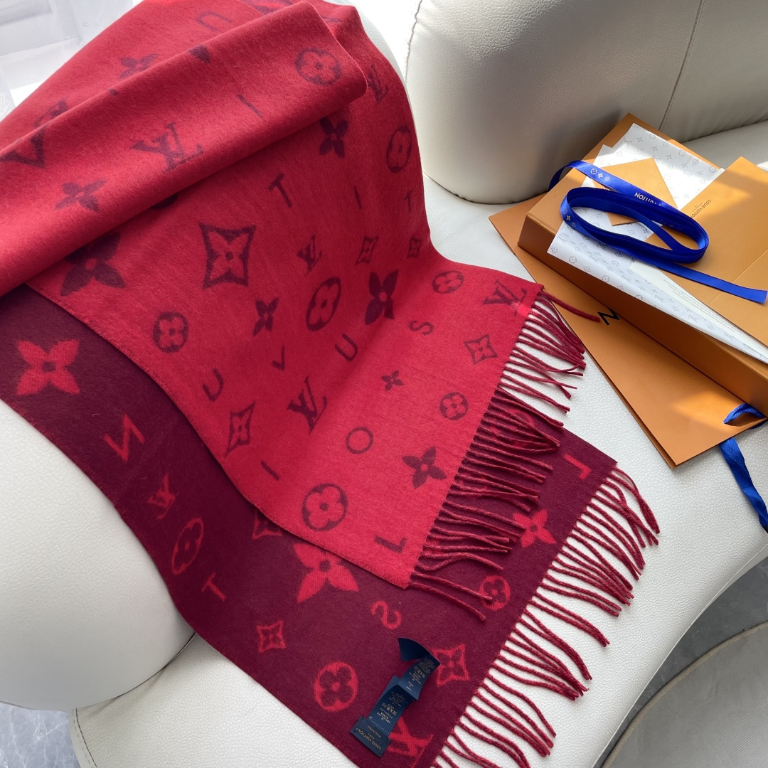 LOUIS VUITTON 标注 Monogram 花卉和 LV 字母40X240山羊绒 绒线围巾 男女同款情侣款 