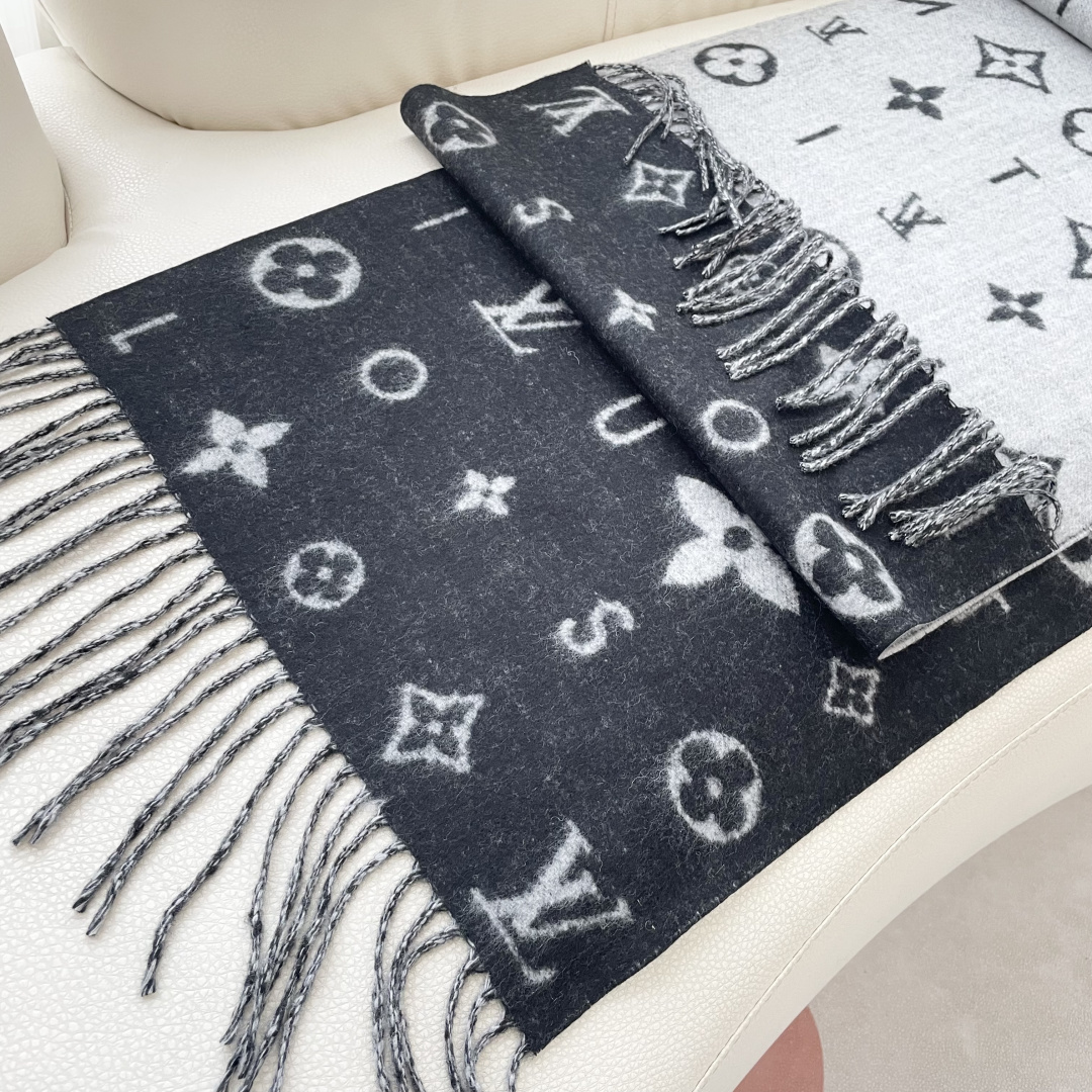 LOUIS VUITTON 标注 Monogram 花卉和 LV 字母40X240山羊绒 绒线围巾 男女同款情侣款 