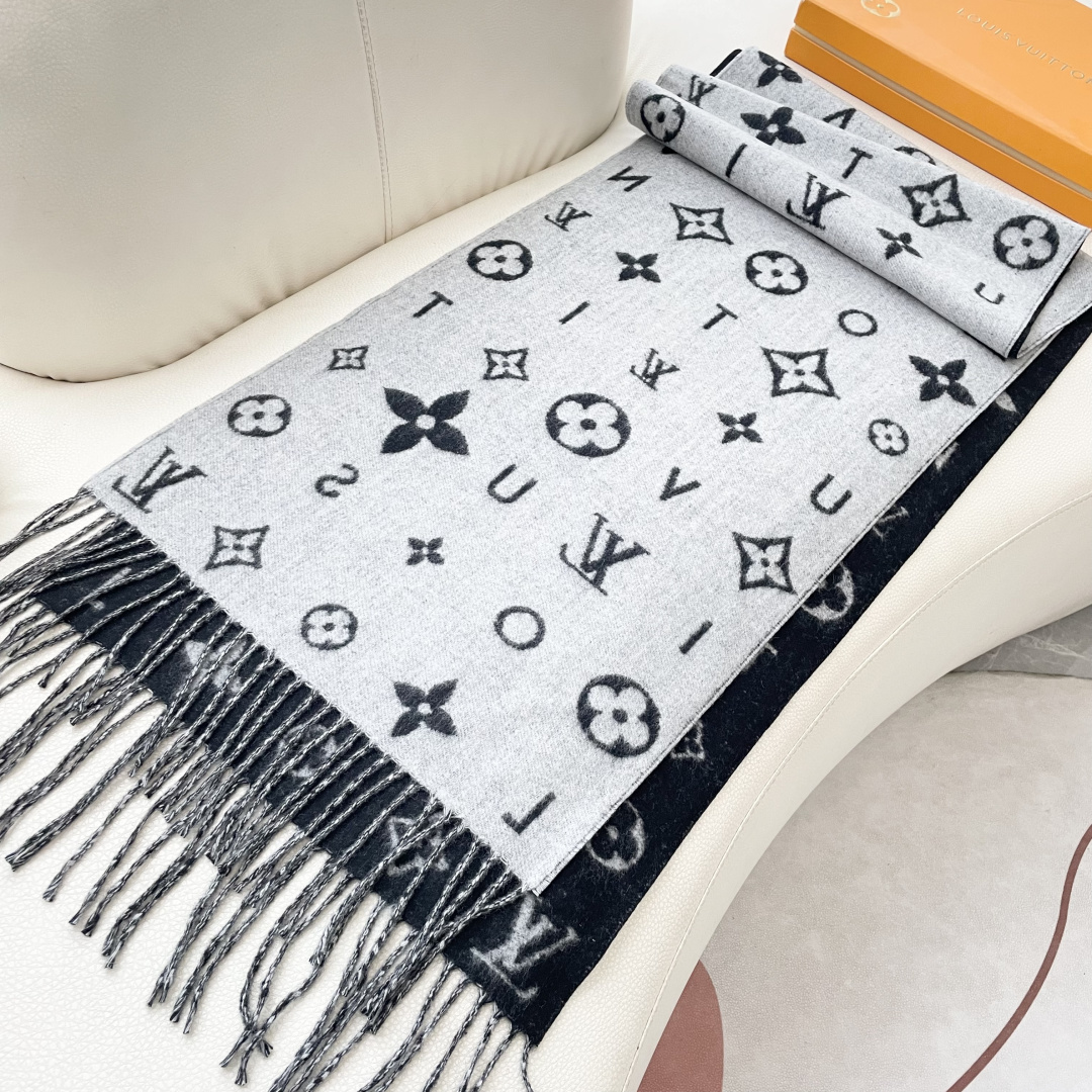 LOUIS VUITTON 标注 Monogram 花卉和 LV 字母40X240山羊绒 绒线围巾 男女同款情侣款 