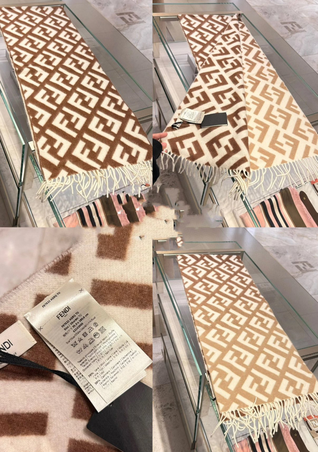 Fendi老花渐变双面羊绒围巾，柔软细腻的双面风格，FF经典提花渐变；柔软的羊毛和羊绒材质。来自Stef