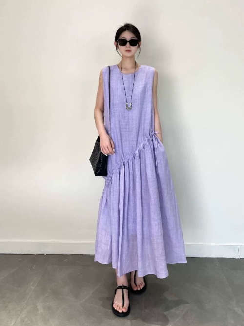 Handmade Tie-Dye Ramie Dress, Round Neck, Sleeveless, Drawstring Hem, Purple 1 Handmade Tie-Dye Ramie Dress, Round Neck, Sleeveless, Drawstring Hem, Purple