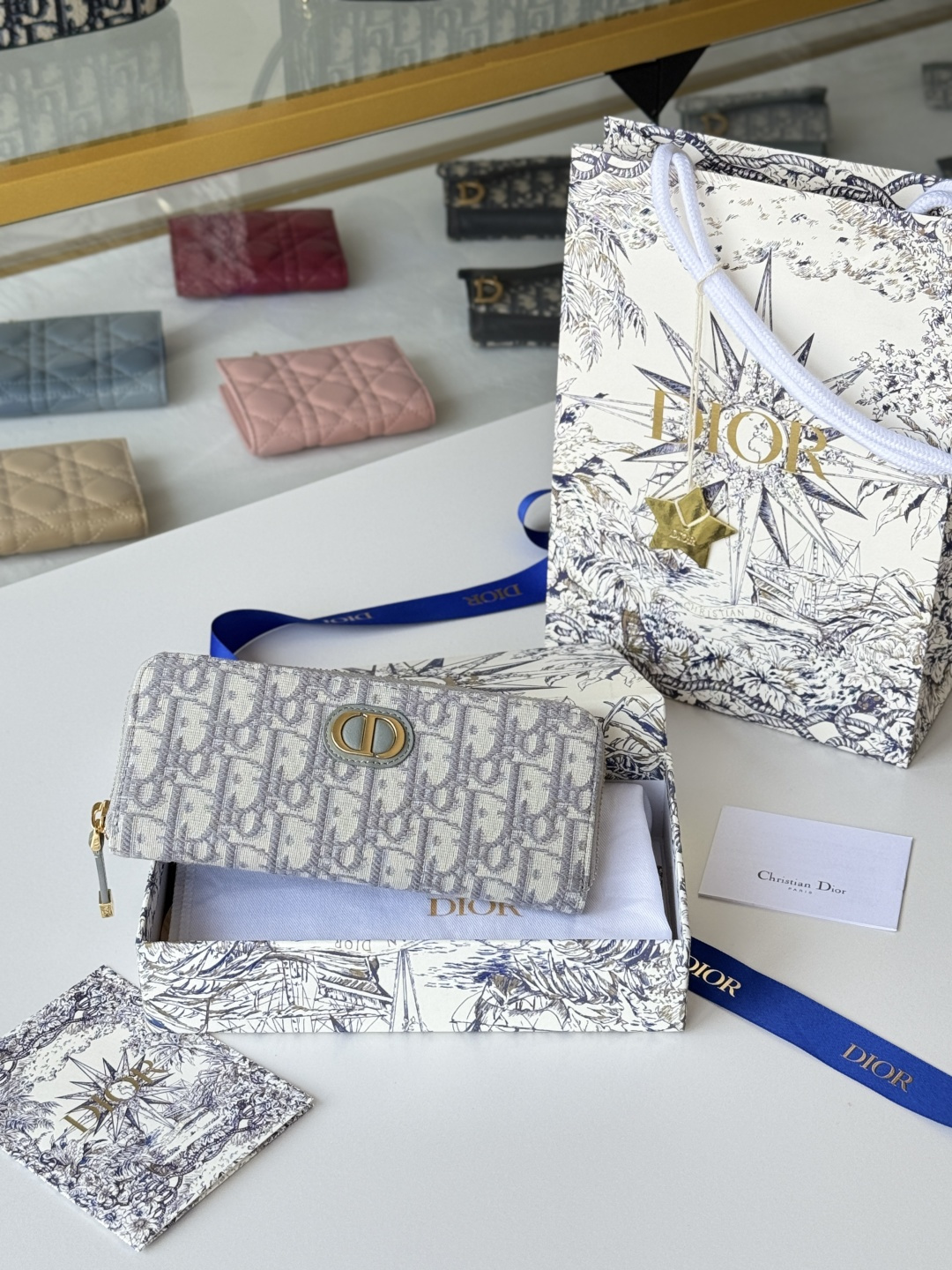 Dior 长款拉链钱包 提花布 Dior Oblique 搭配深蓝色头层牛皮 容量大双隔层