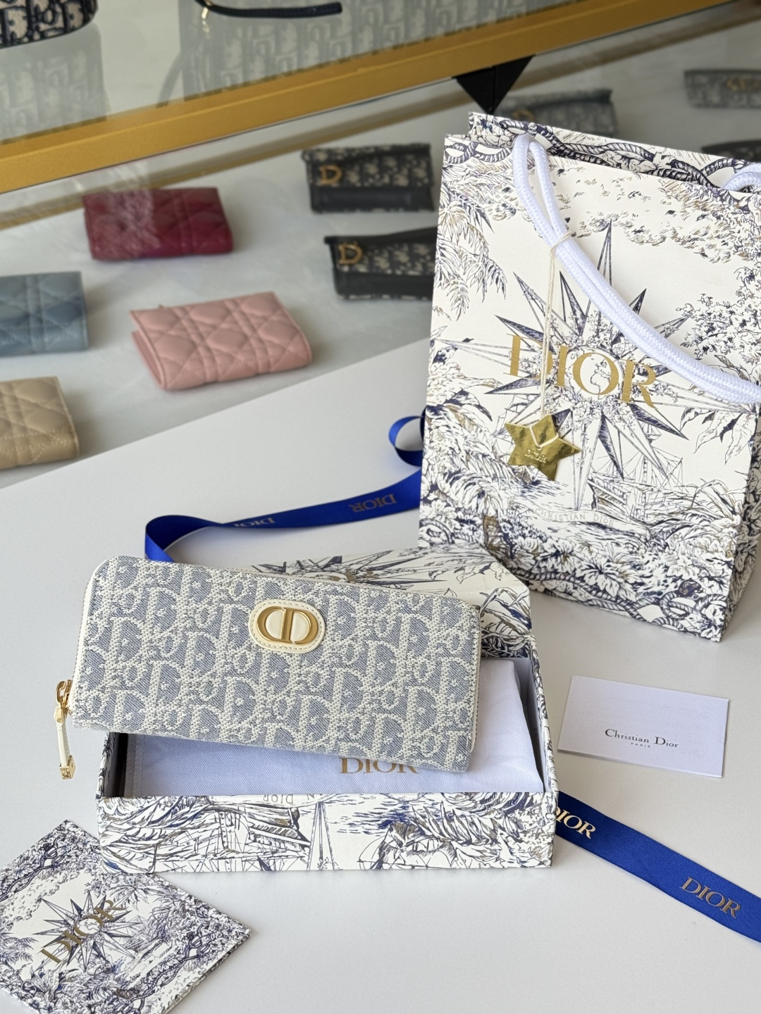 Dior 长款拉链钱包 提花布 Dior Oblique 搭配深蓝色头层牛皮 容量大双隔层