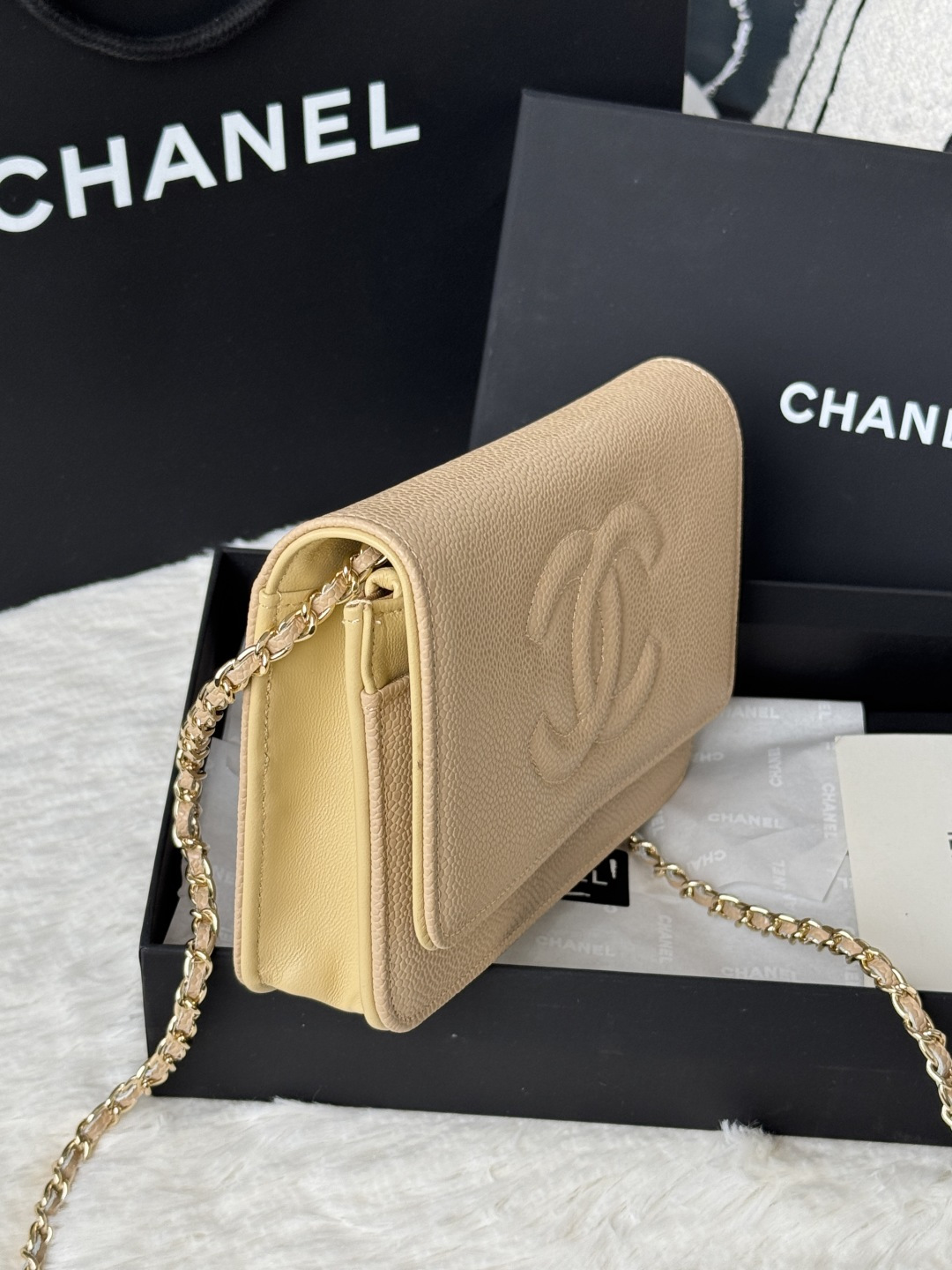 Chanel 新品woc 小挎包 拼鱼子酱拼平纹牛皮小香 woc小包